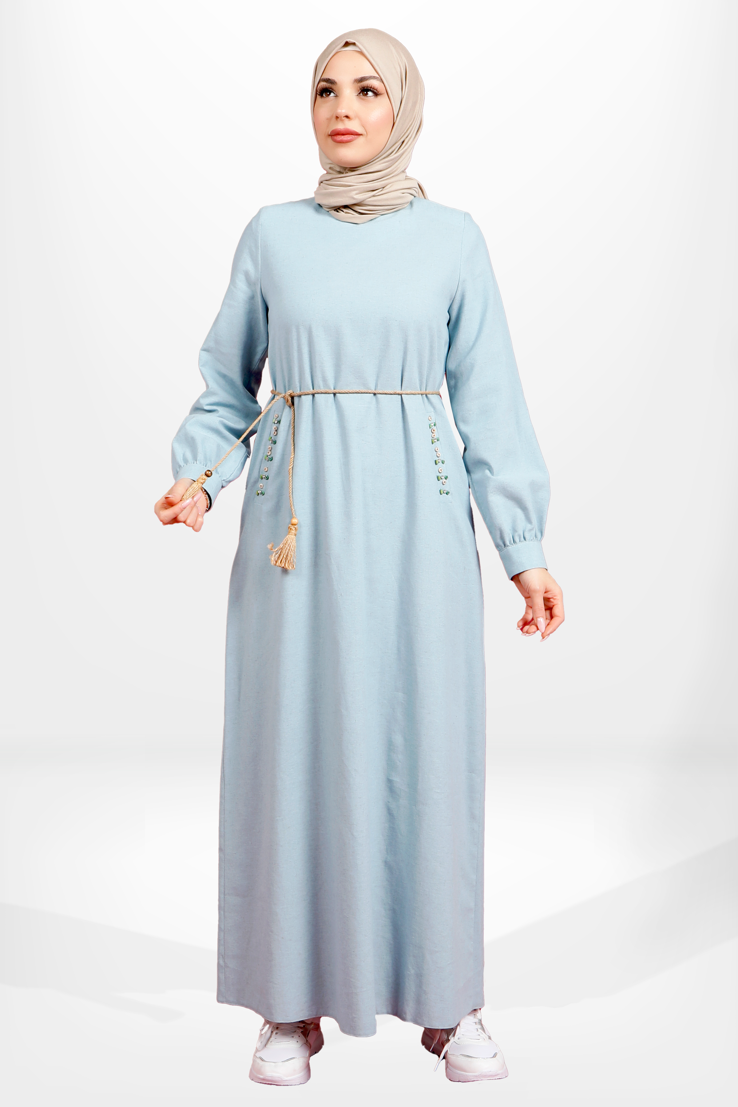 Beyza-5653 ELBİSE KETEN BEBE MAVİ