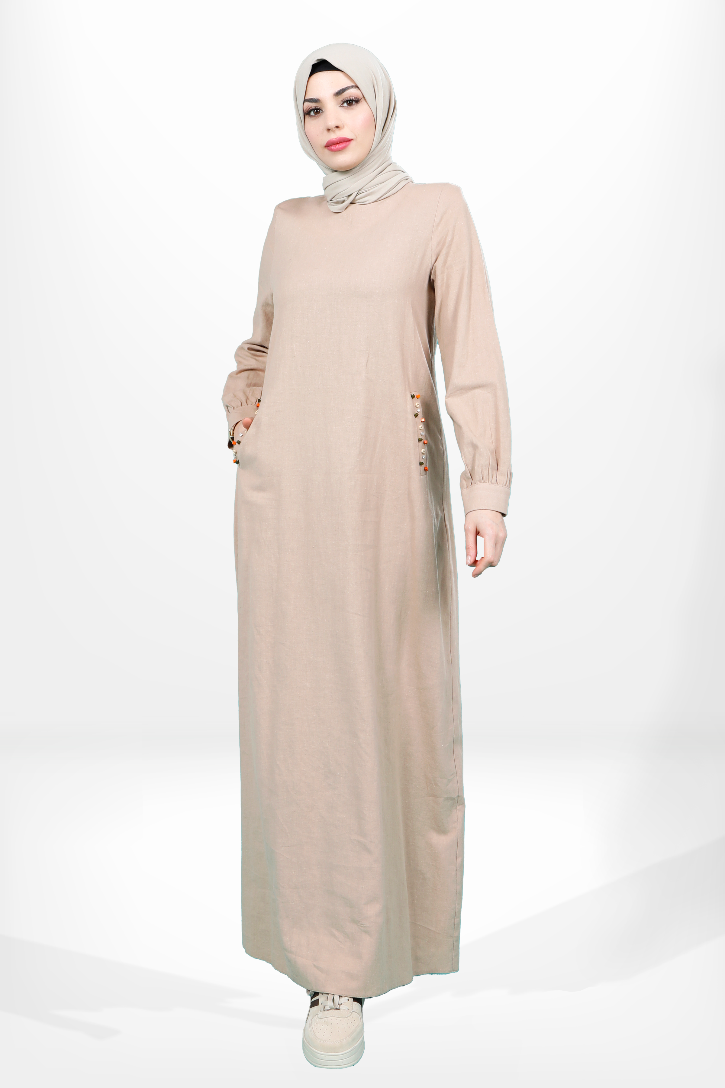 Beyza-5653 ELBİSE KETEN CAMEL