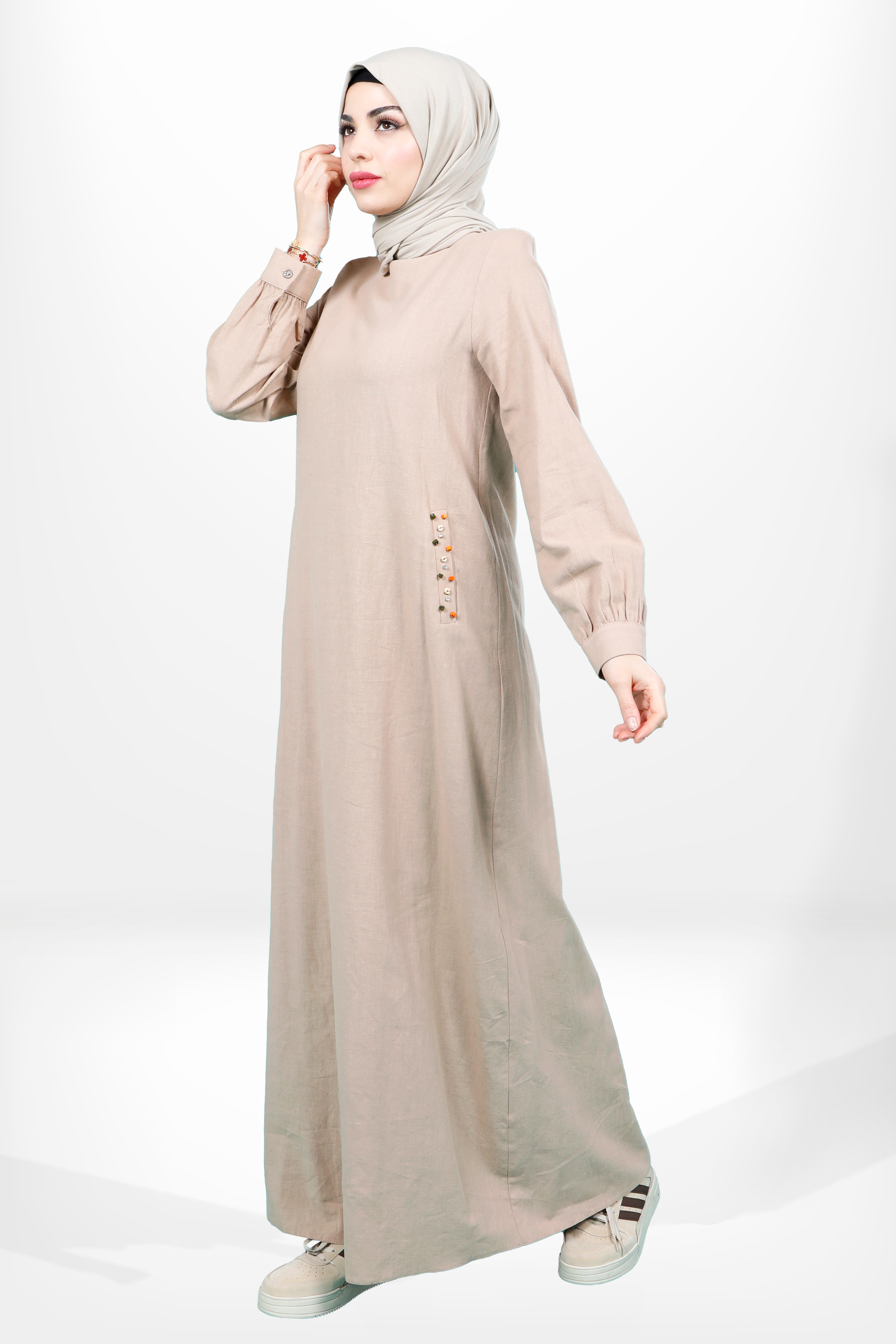 Beyza-5653 ELBİSE KETEN CAMEL