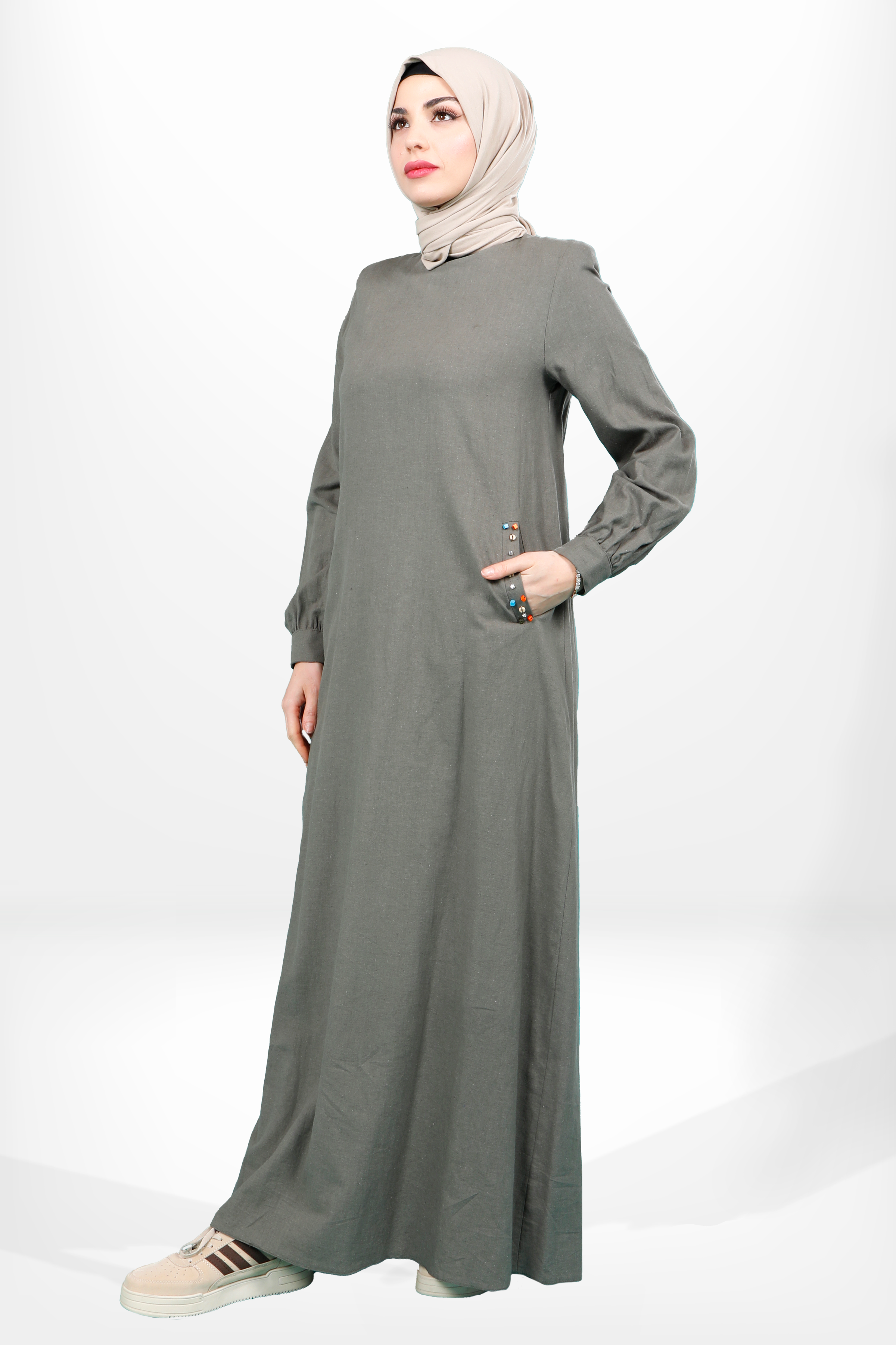 Beyza-5653 ELBİSE KETEN HAKİ