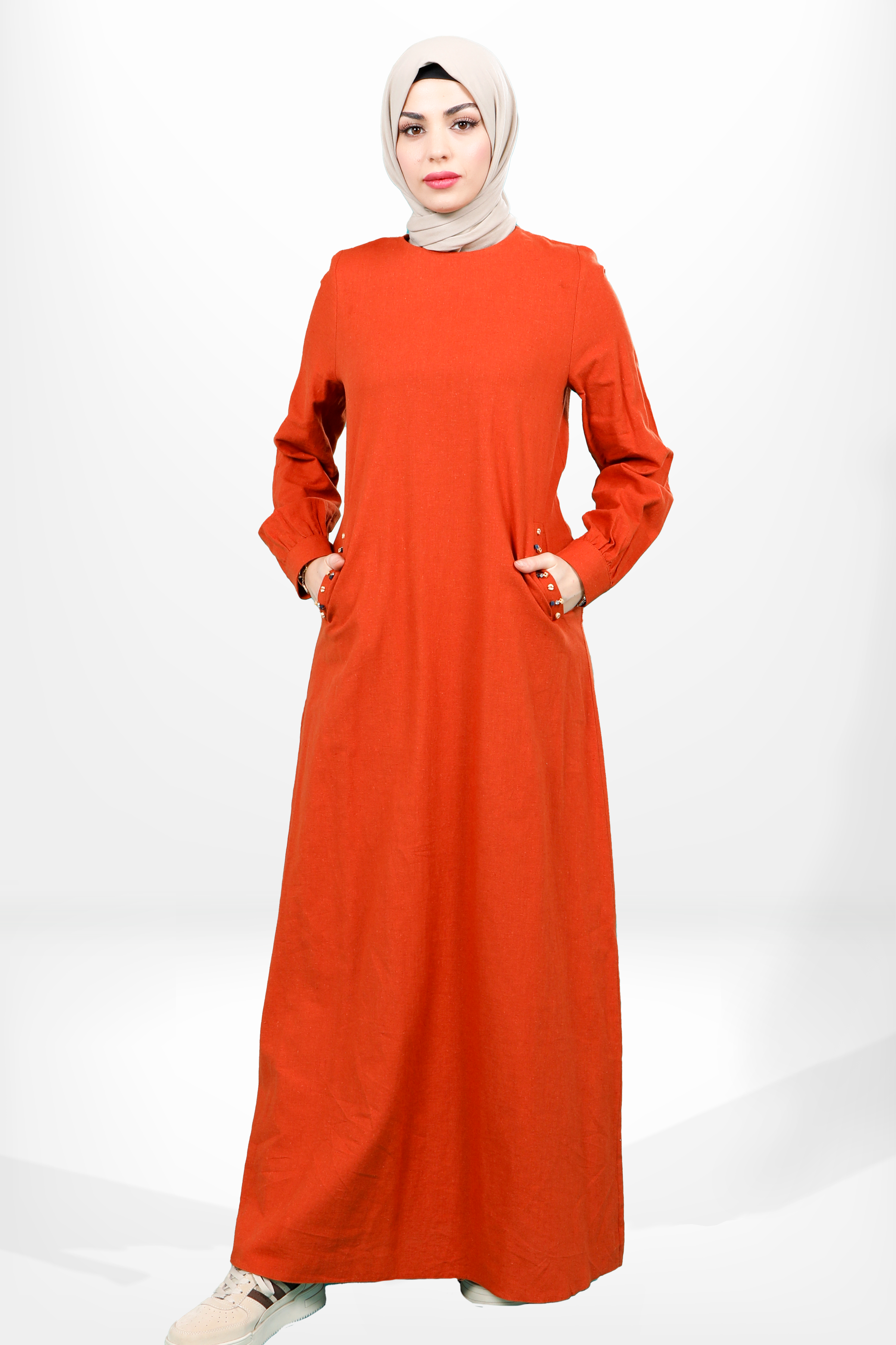 Beyza-5653 ELBİSE KETEN KİREMİT