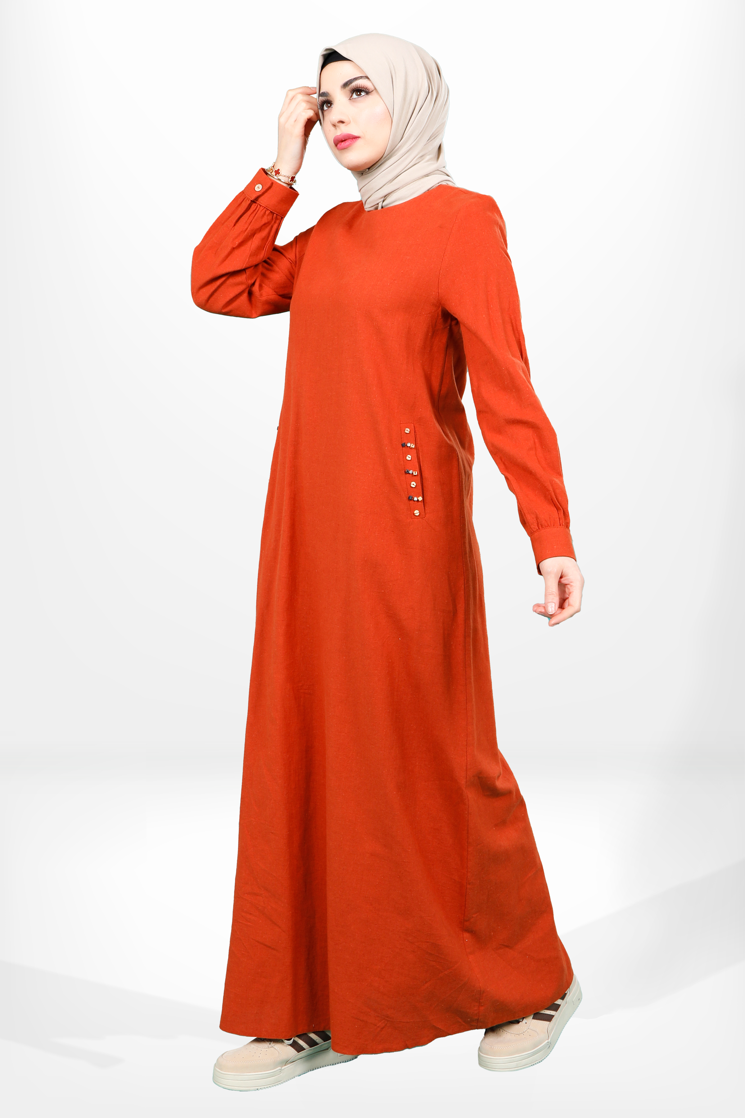 Beyza-5653 ELBİSE KETEN KİREMİT