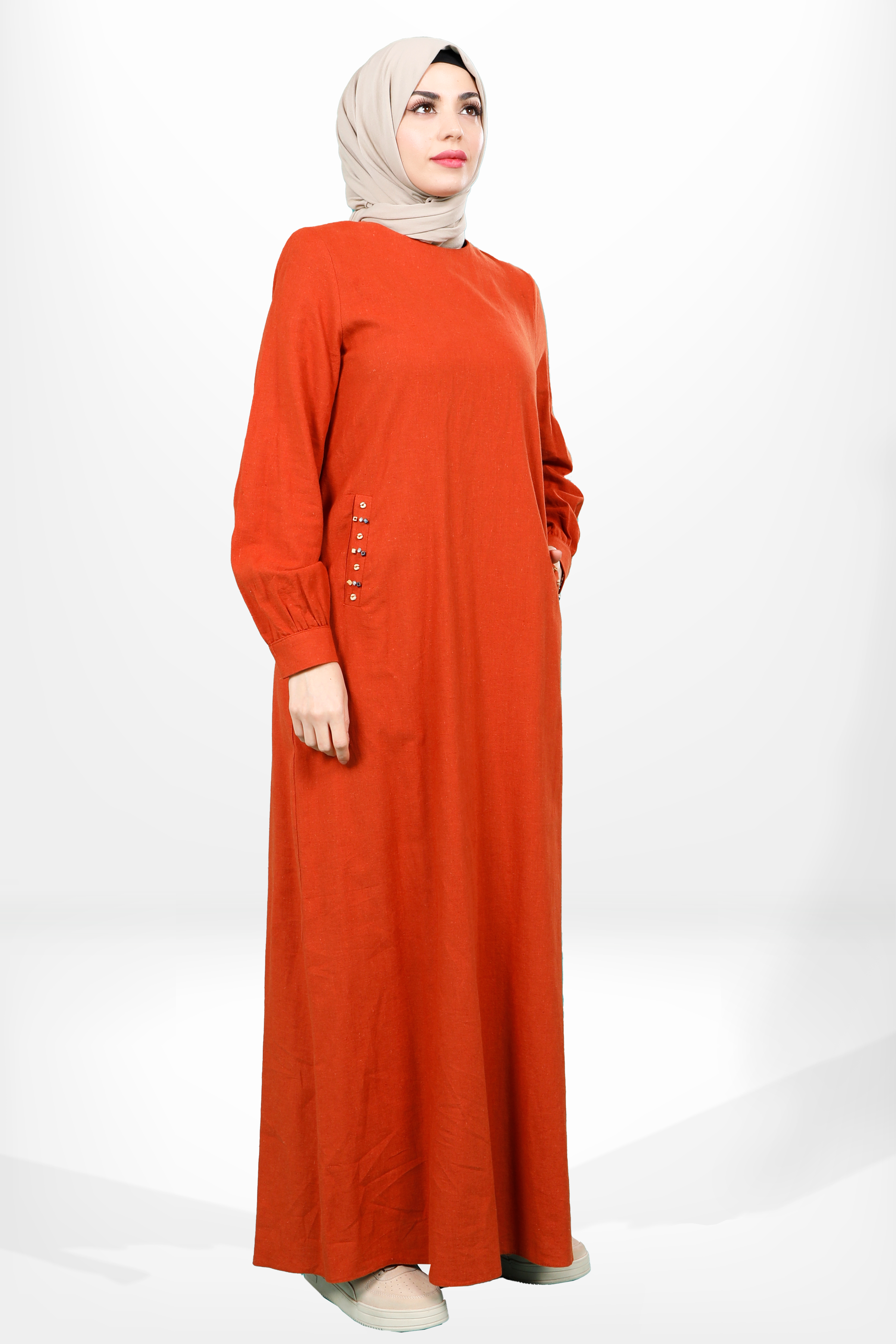 Beyza-5653 ELBİSE KETEN KİREMİT