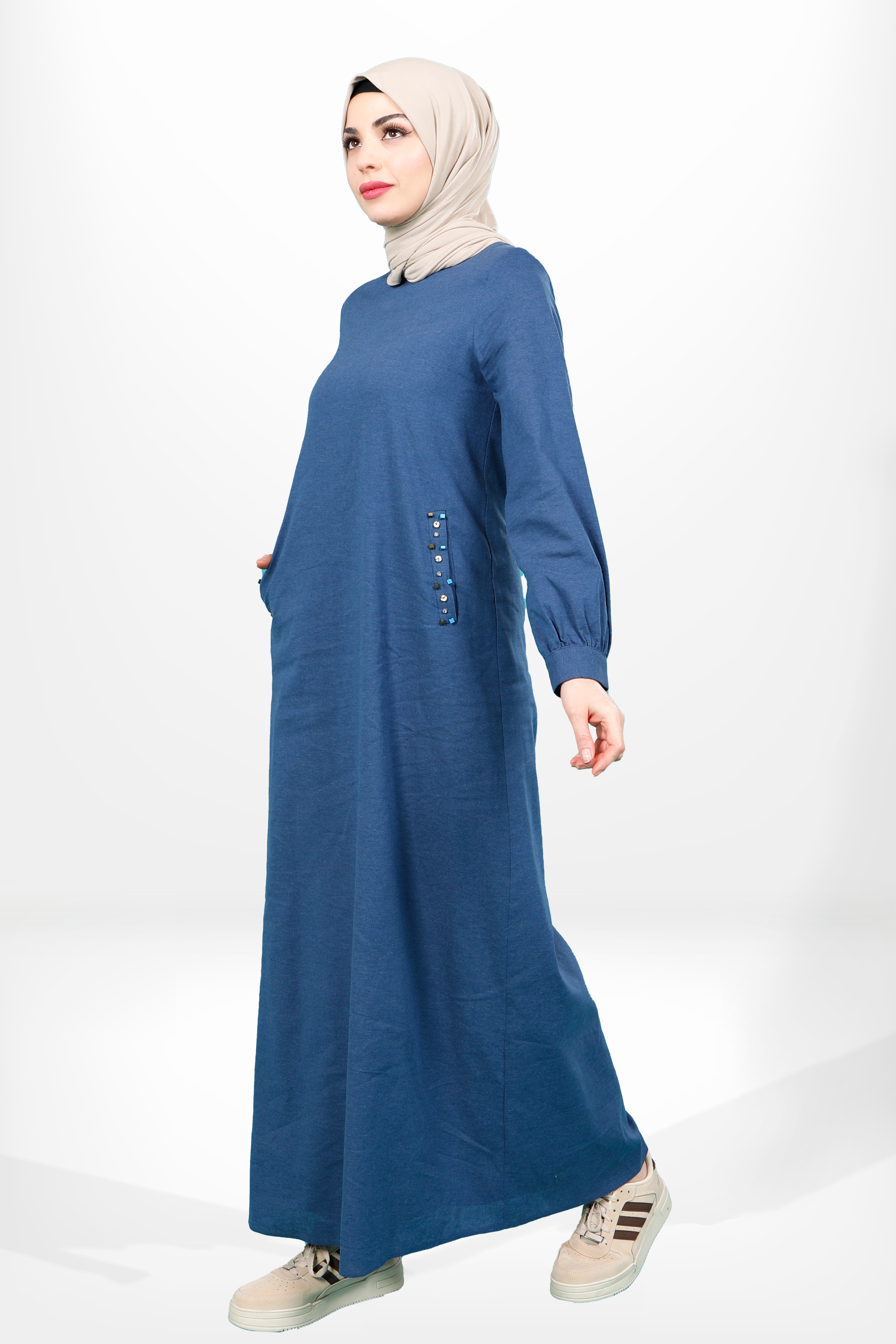 Beyza-5653 ELBİSE KETEN LACİVERT