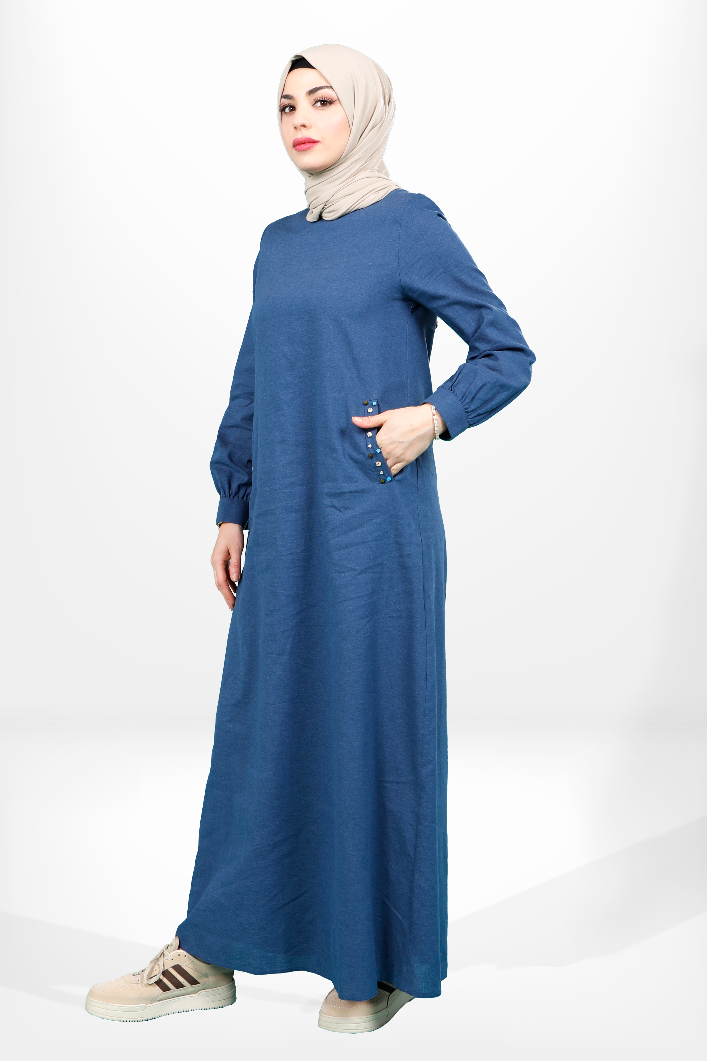 Beyza-5653 ELBİSE KETEN LACİVERT