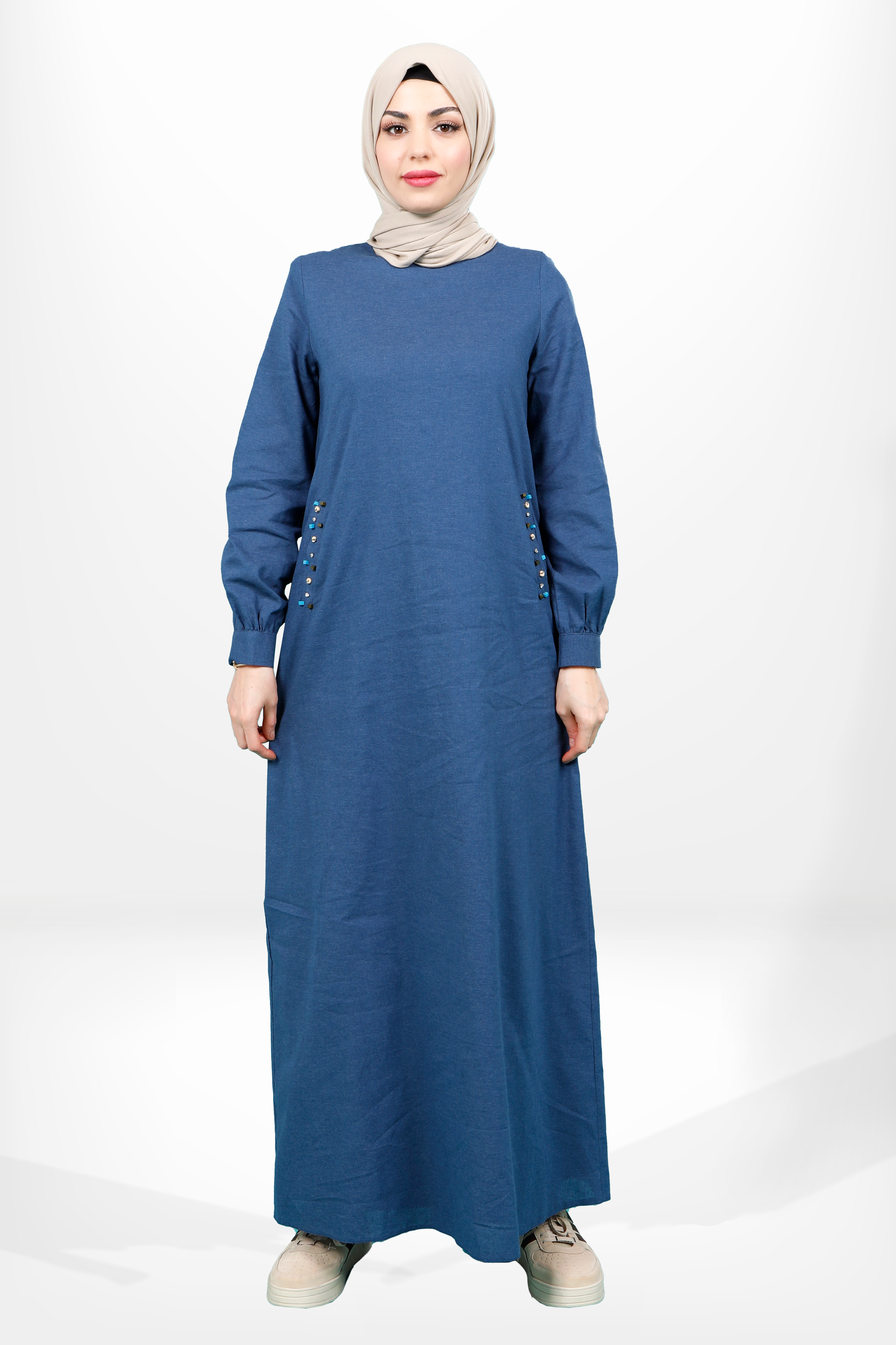 Beyza-5653 ELBİSE KETEN LACİVERT