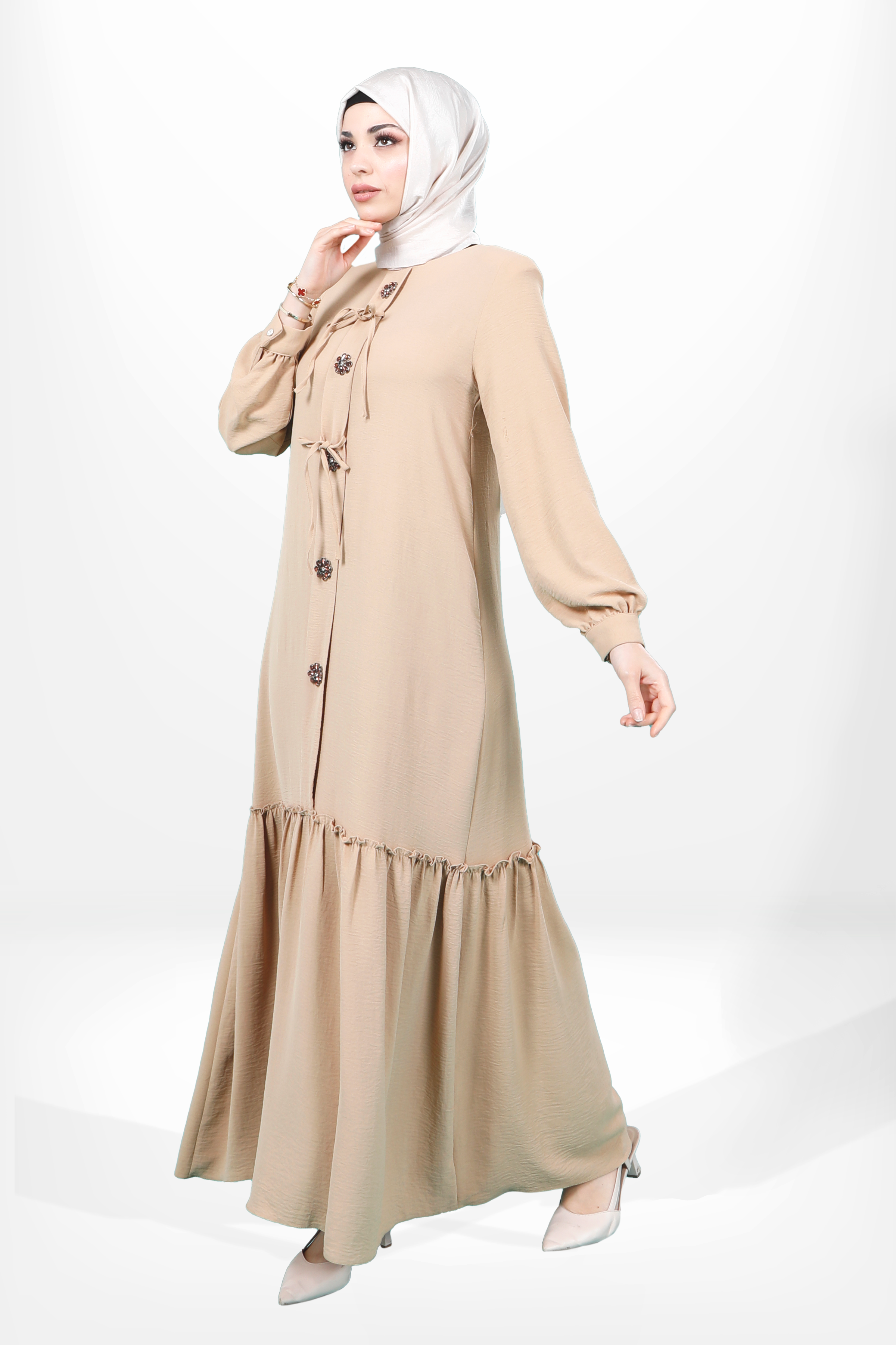 Beyza-5656 ELBİSE ÇİÇEK BEJ