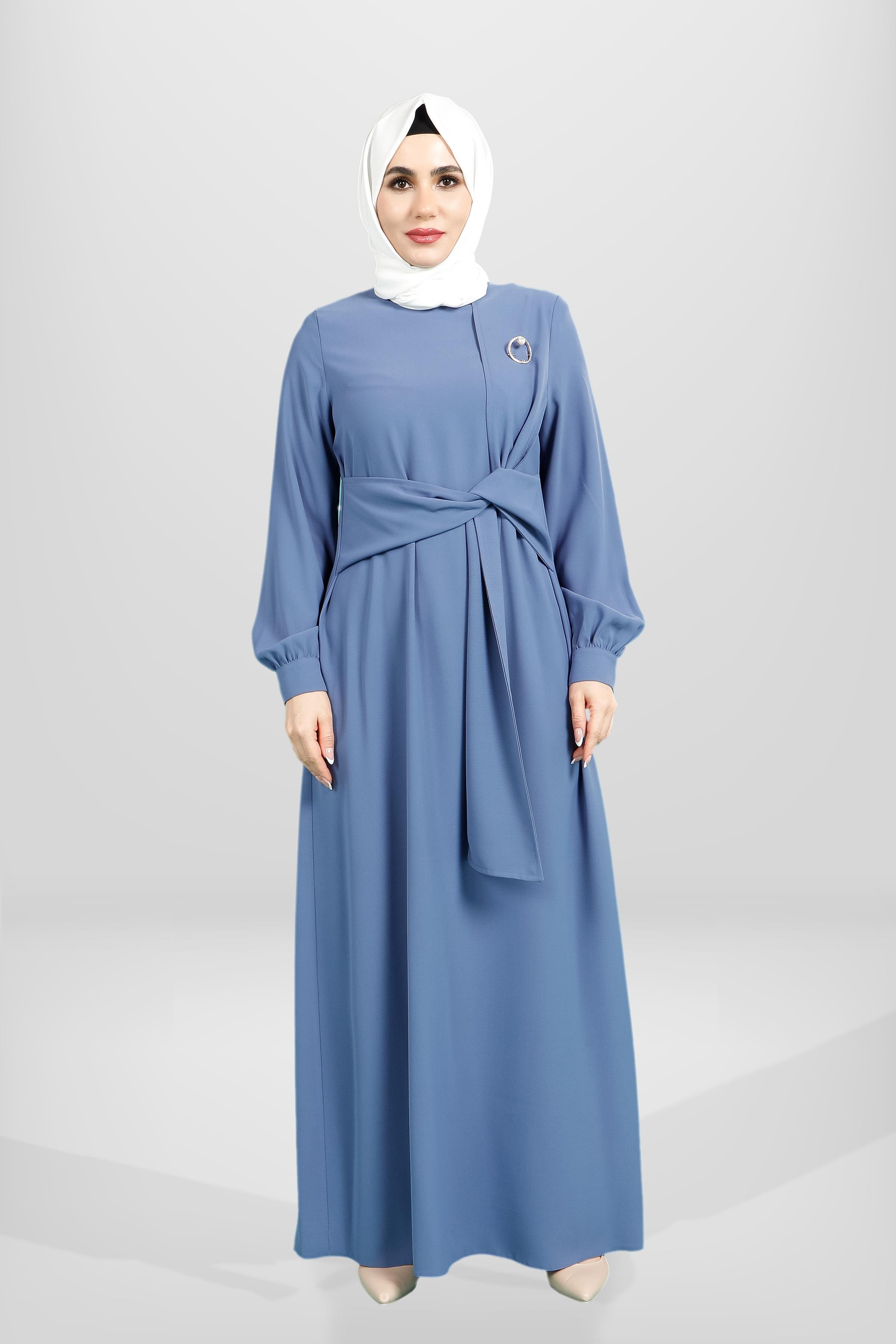 Beyza-5667 ELBİSE KUŞAKLI İNDİGO
