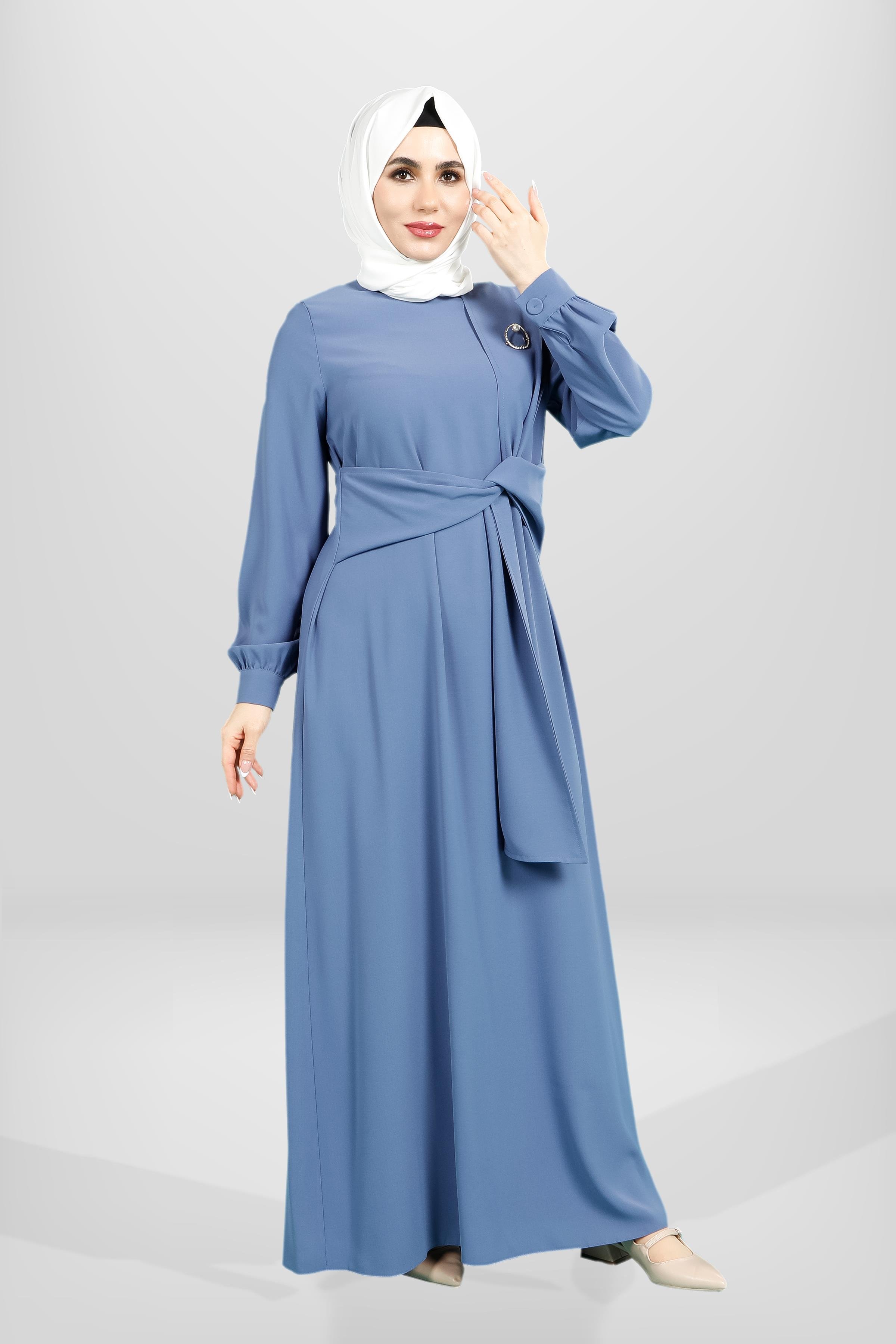 Beyza-5667 ELBİSE KUŞAKLI İNDİGO