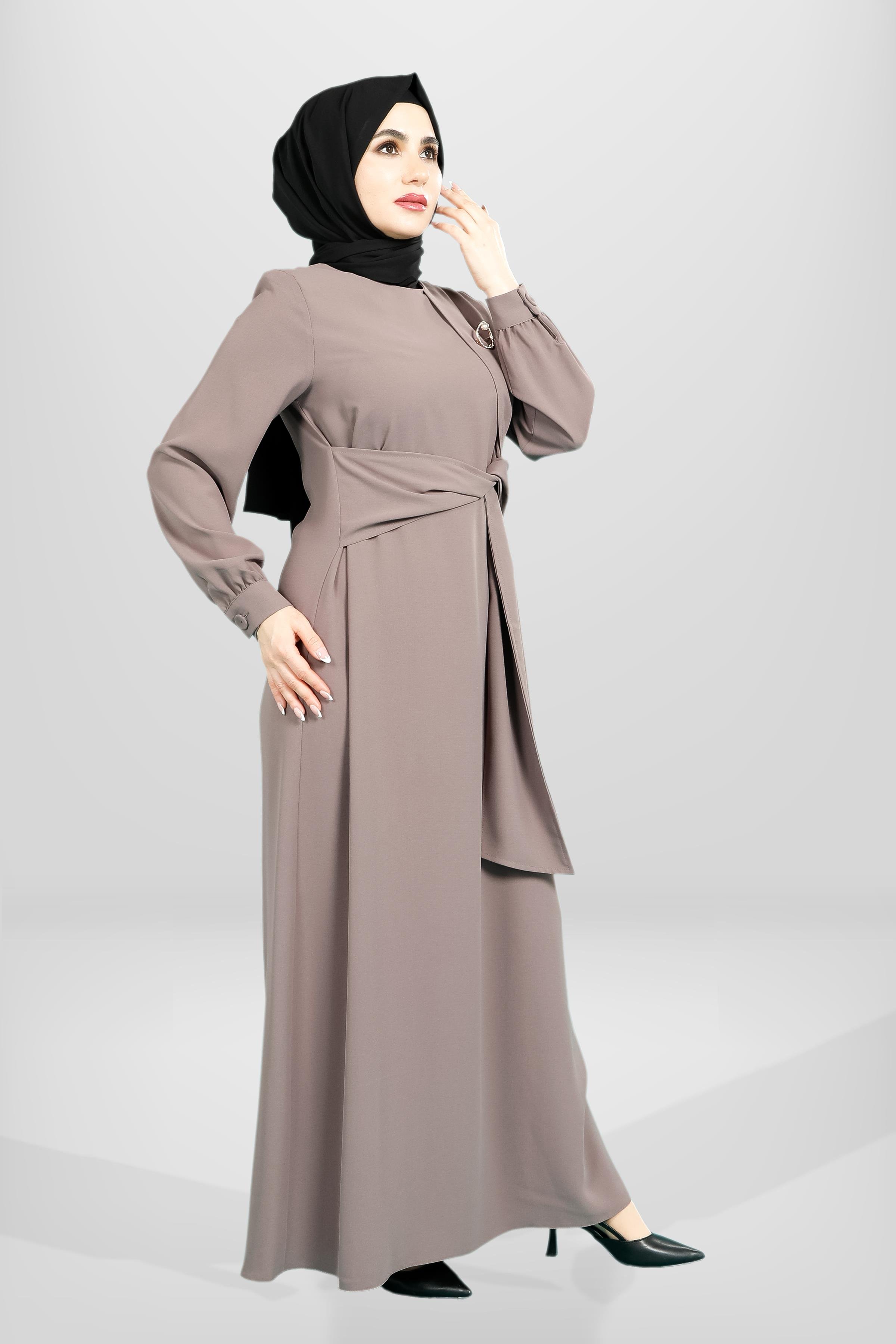 Beyza-5667 ELBİSE KUŞAKLI VİZON