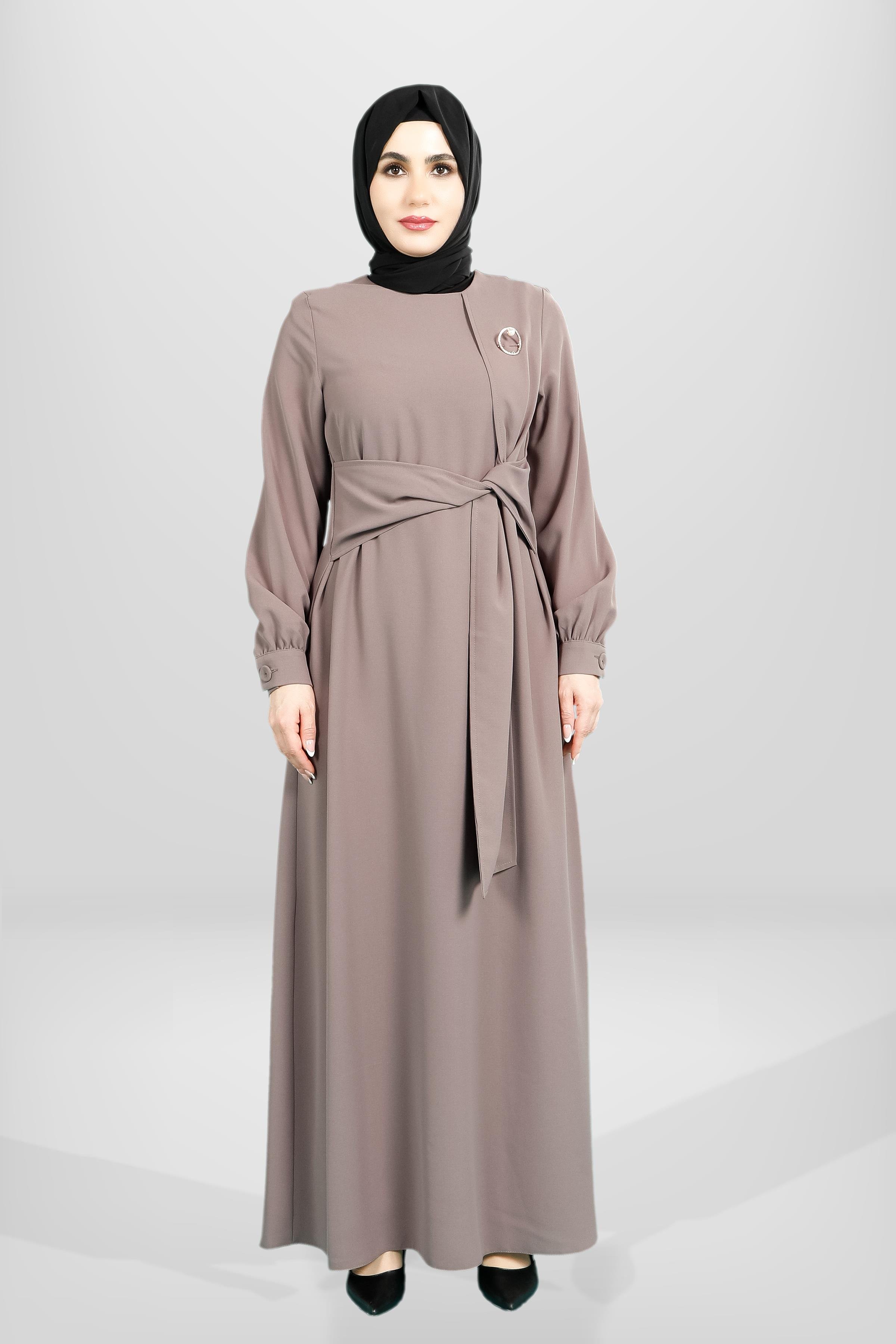 Beyza-5667 ELBİSE KUŞAKLI VİZON