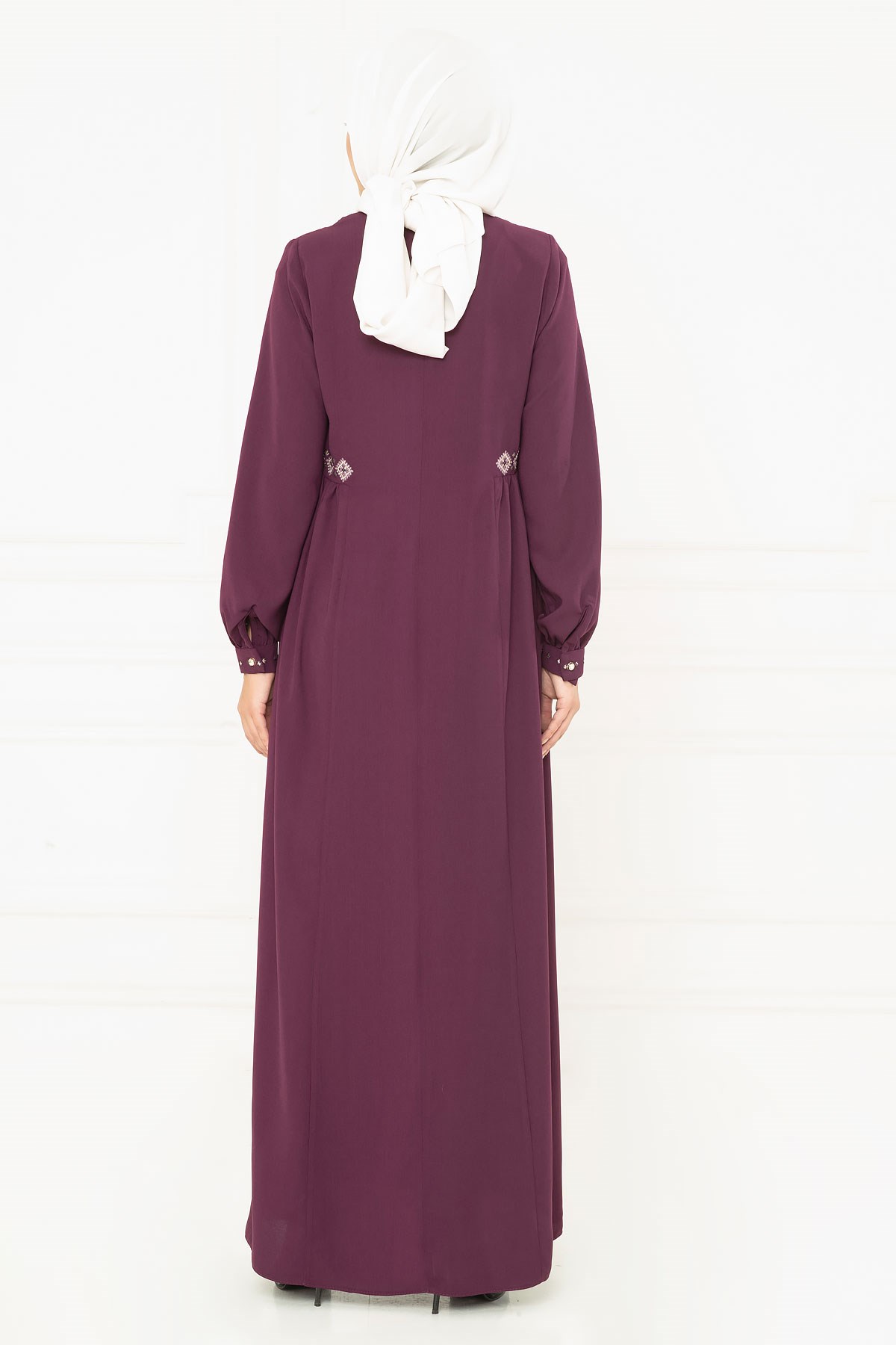 Beyza-Beli Nakışlı Keten Mürdüm Tesettür Elbise 5142