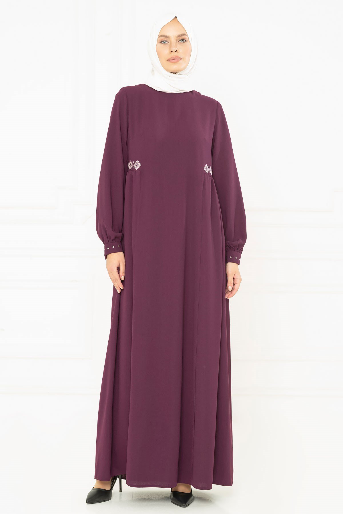 Beyza-Beli Nakışlı Keten Mürdüm Tesettür Elbise 5142