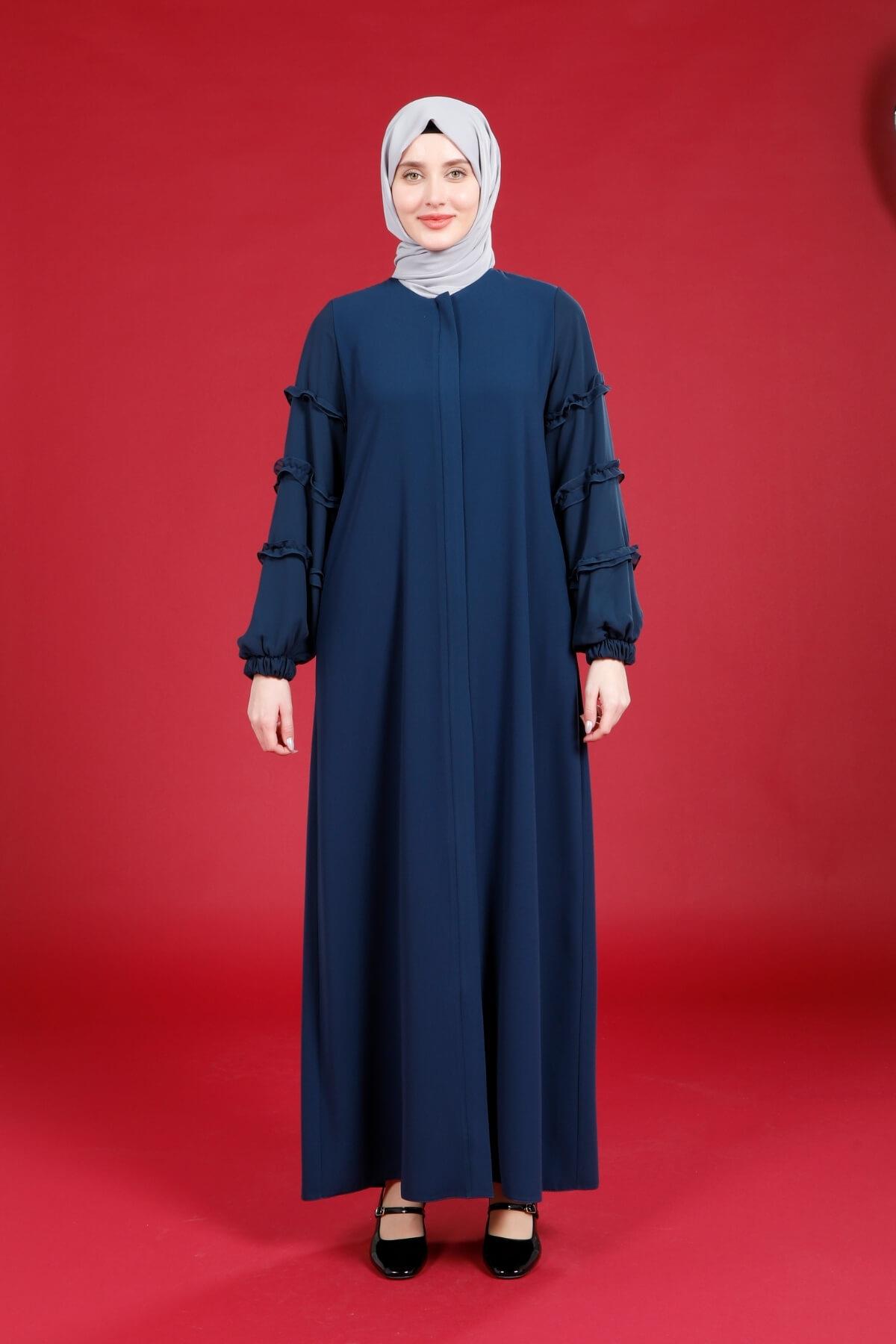 Beyza-Beyza Atlas Önü Gizli Kapamalı Kolu Fırfırlı İndigo Renk Samara Ferace 3770