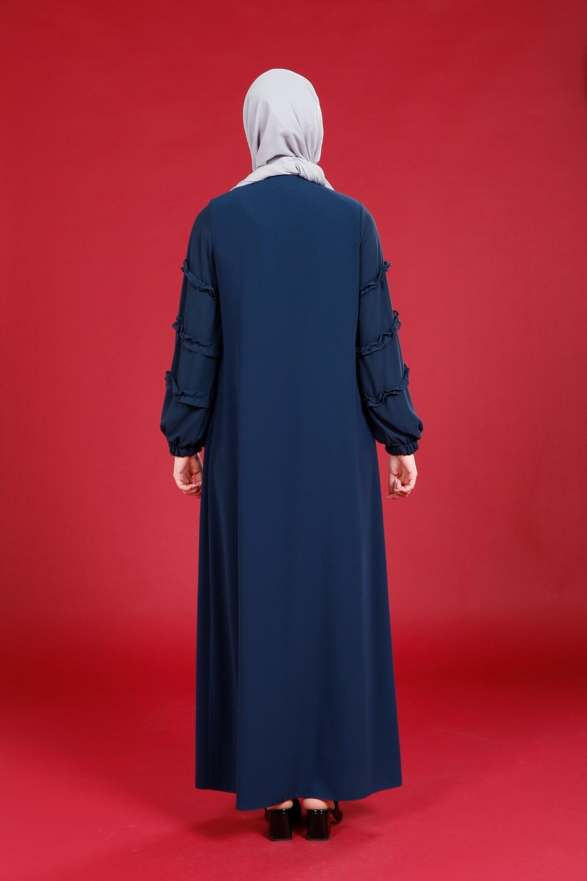 Beyza-Beyza Atlas Önü Gizli Kapamalı Kolu Fırfırlı İndigo Renk Samara Ferace 3770