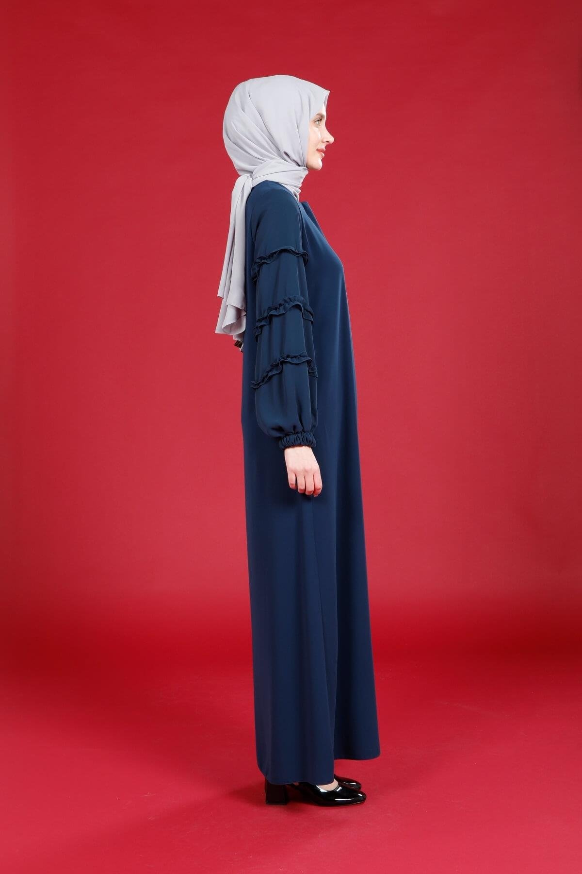 Beyza-Beyza Atlas Önü Gizli Kapamalı Kolu Fırfırlı İndigo Renk Samara Ferace 3770