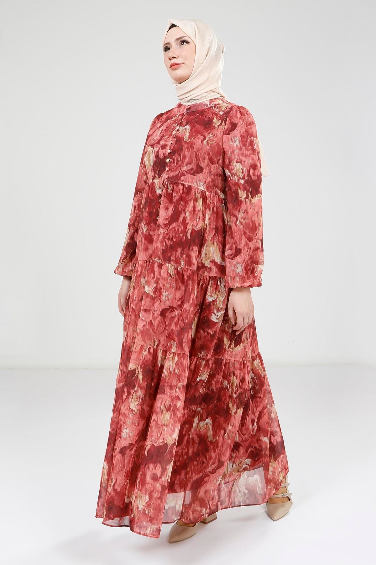 Beyza-Beyza Baskılı Düğmeli Kırmızı Elbise 9390