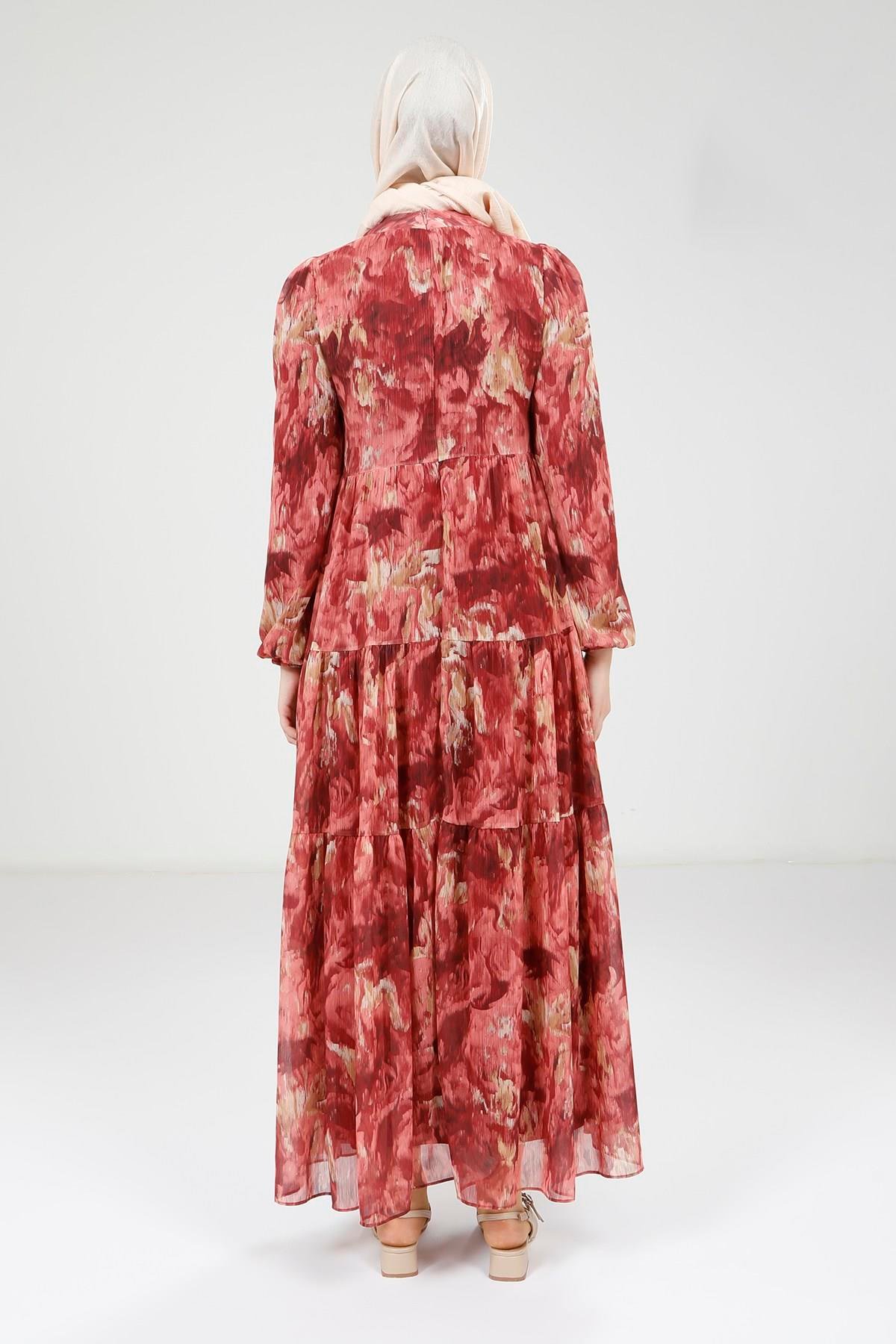 Beyza-Beyza Baskılı Düğmeli Kırmızı Elbise 9390