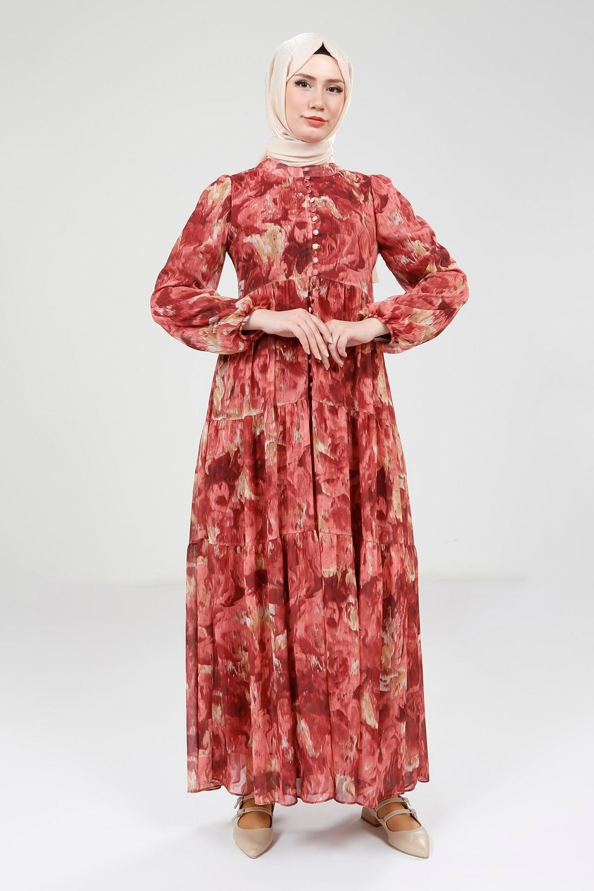 Beyza-Beyza Baskılı Düğmeli Kırmızı Elbise 9390