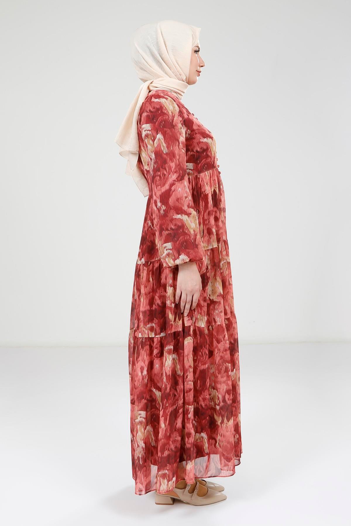 Beyza-Beyza Baskılı Düğmeli Kırmızı Elbise 9390