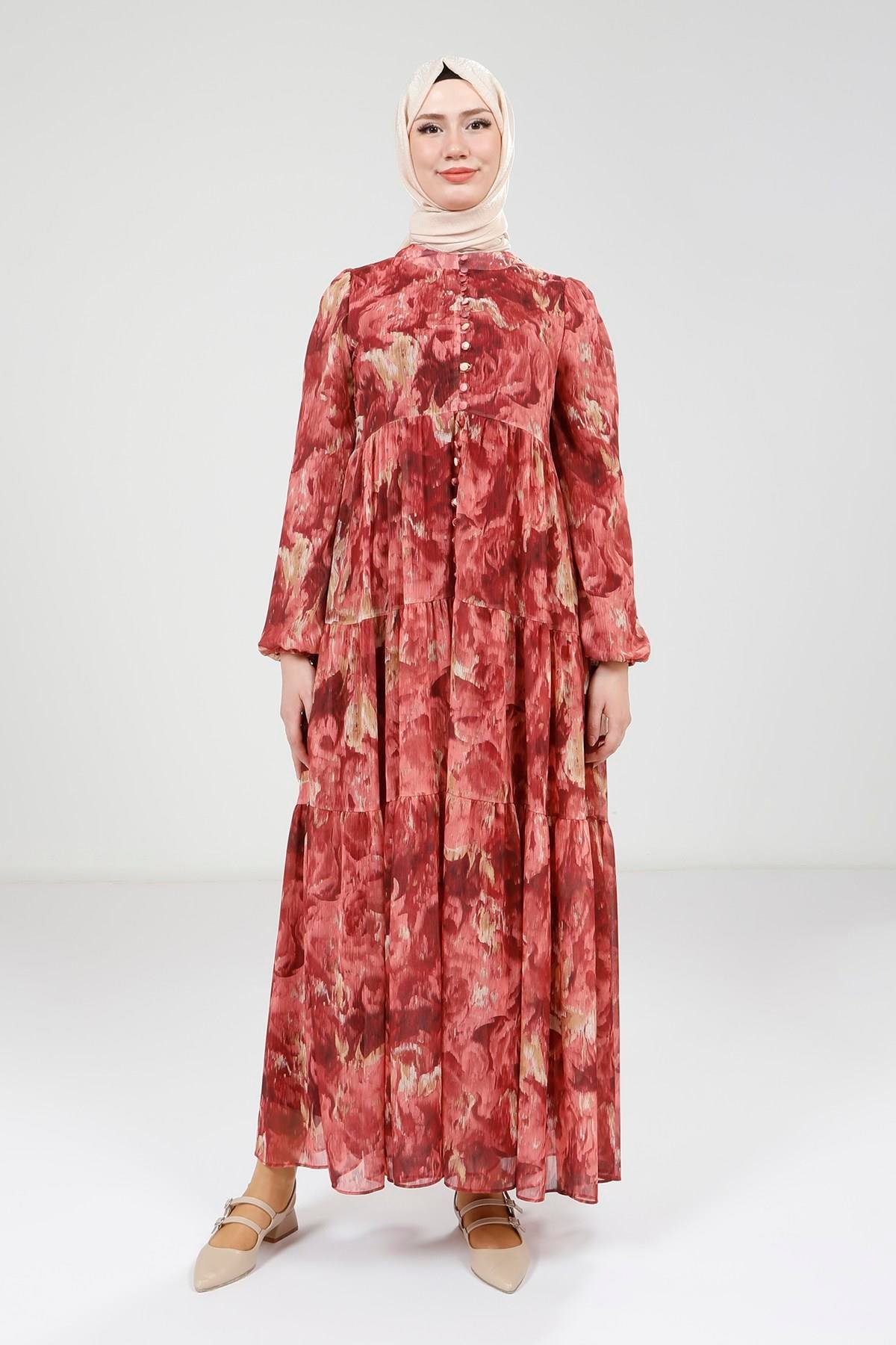 Beyza-Beyza Baskılı Düğmeli Kırmızı Elbise 9390