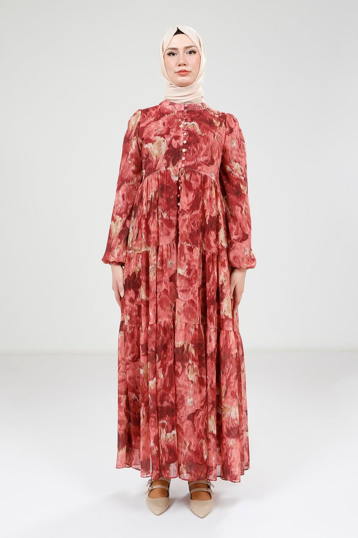 Beyza-Beyza Baskılı Düğmeli Kırmızı Elbise 9390