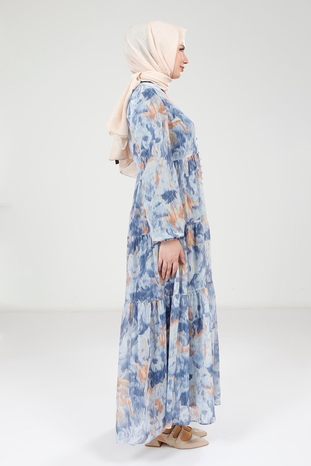 Beyza-Beyza Baskılı Düğmeli Mavi Elbise 9390