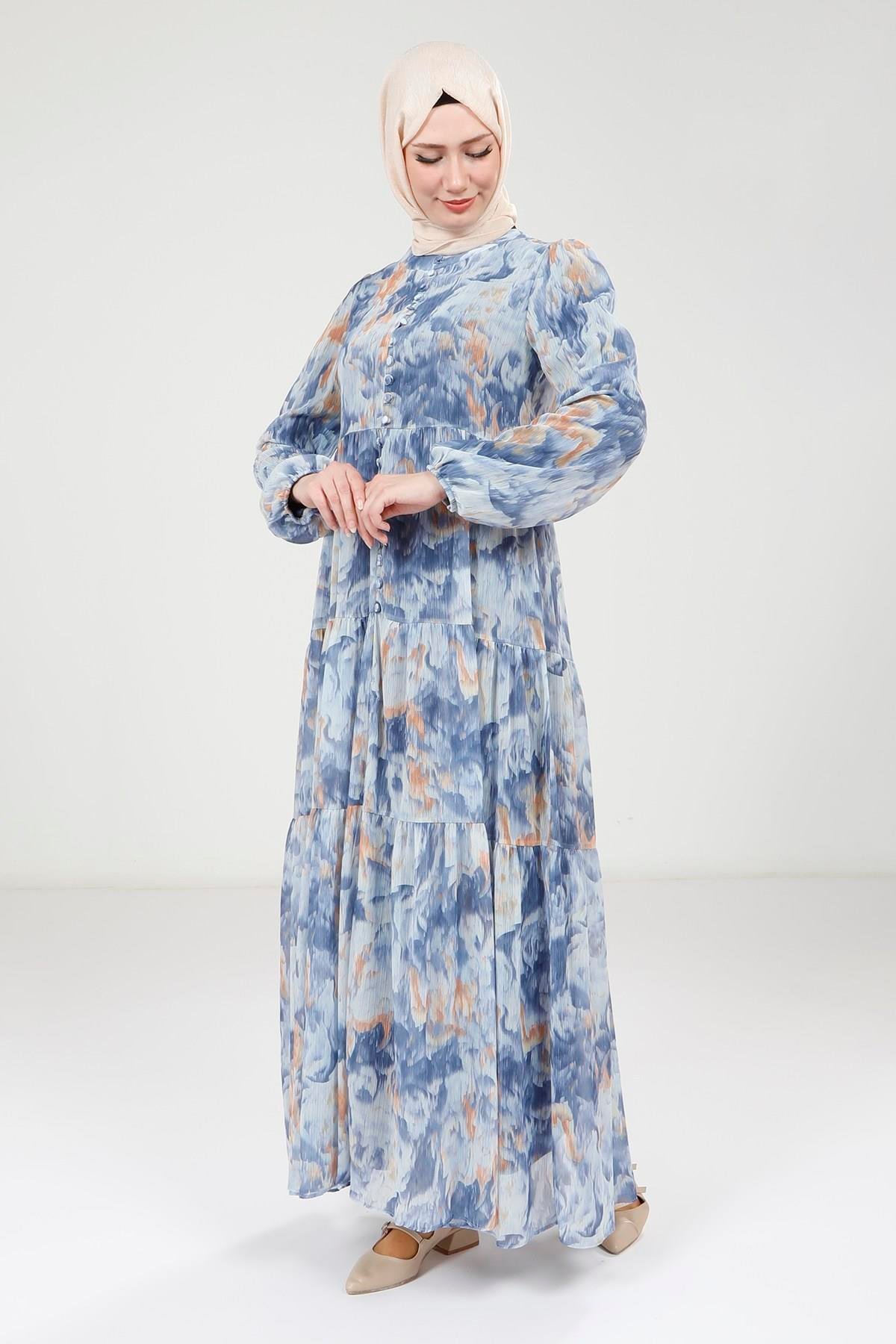 Beyza-Beyza Baskılı Düğmeli Mavi Elbise 9390