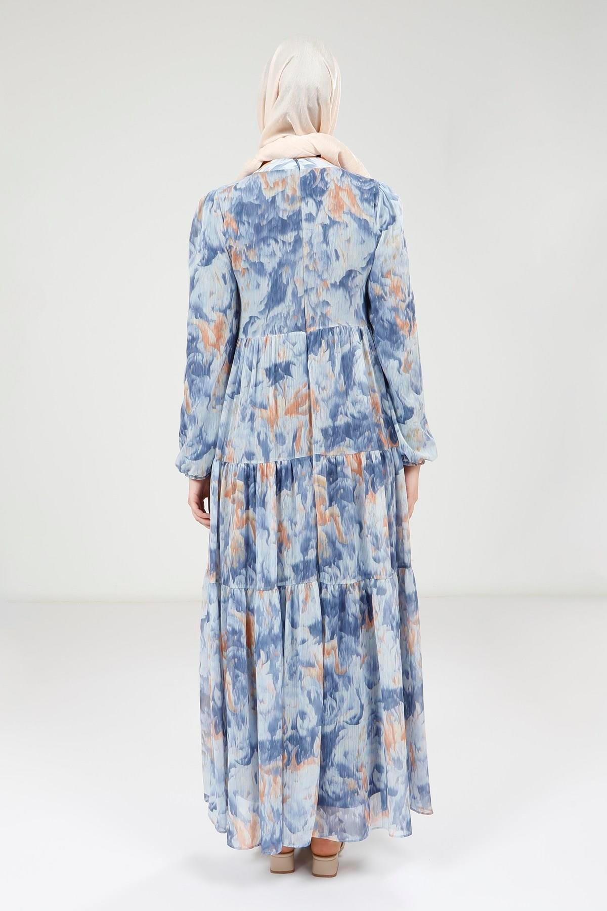 Beyza-Beyza Baskılı Düğmeli Mavi Elbise 9390