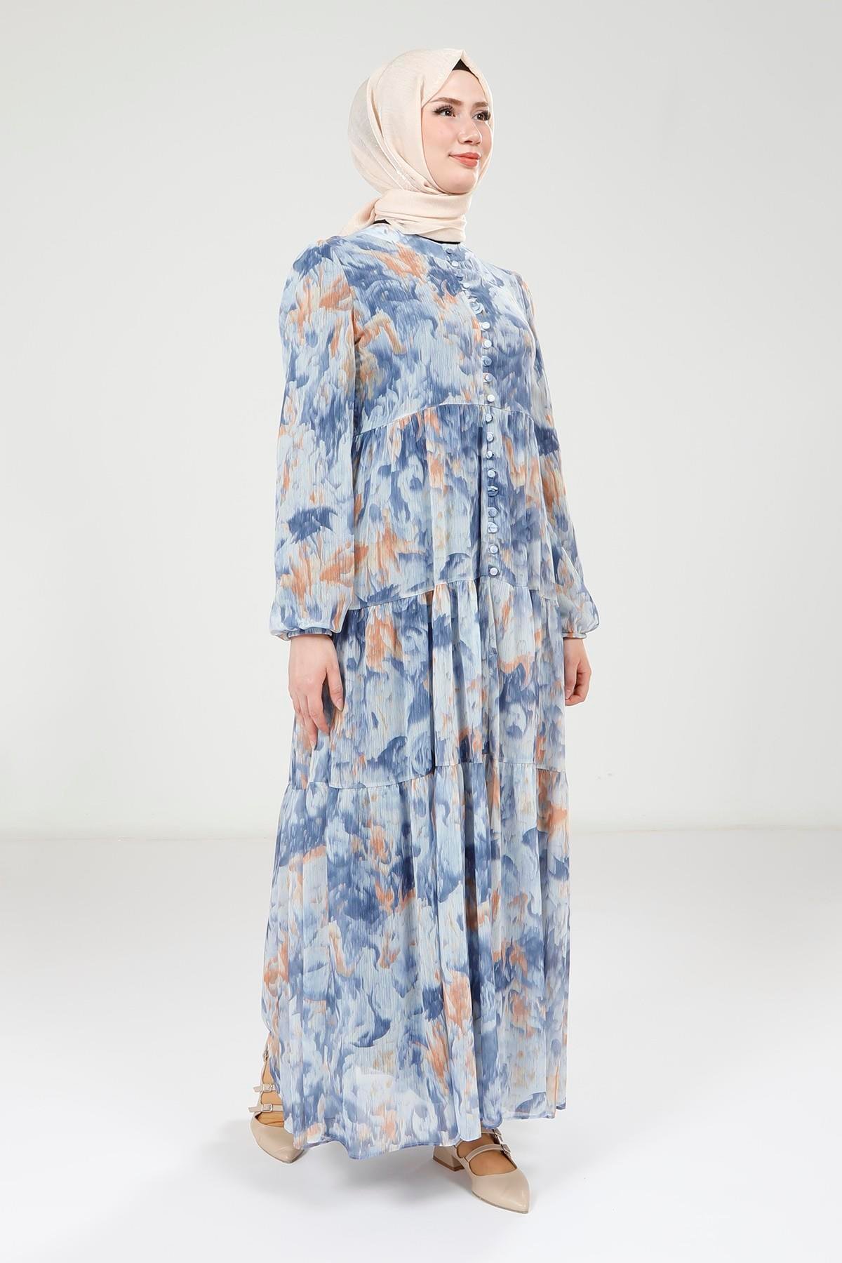 Beyza-Beyza Baskılı Düğmeli Mavi Elbise 9390