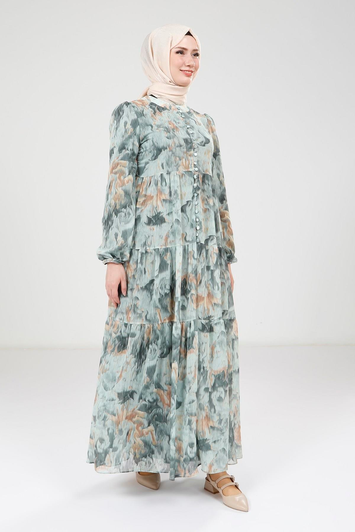 Beyza-Beyza Baskılı Düğmeli Yeşil Elbise 9390