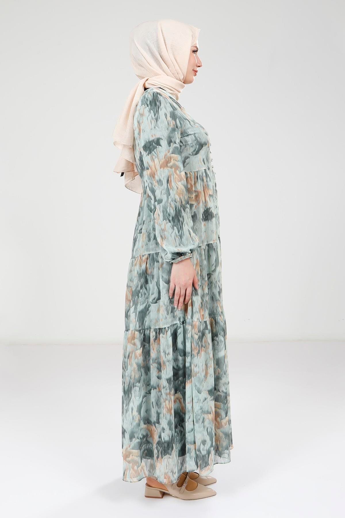 Beyza-Beyza Baskılı Düğmeli Yeşil Elbise 9390