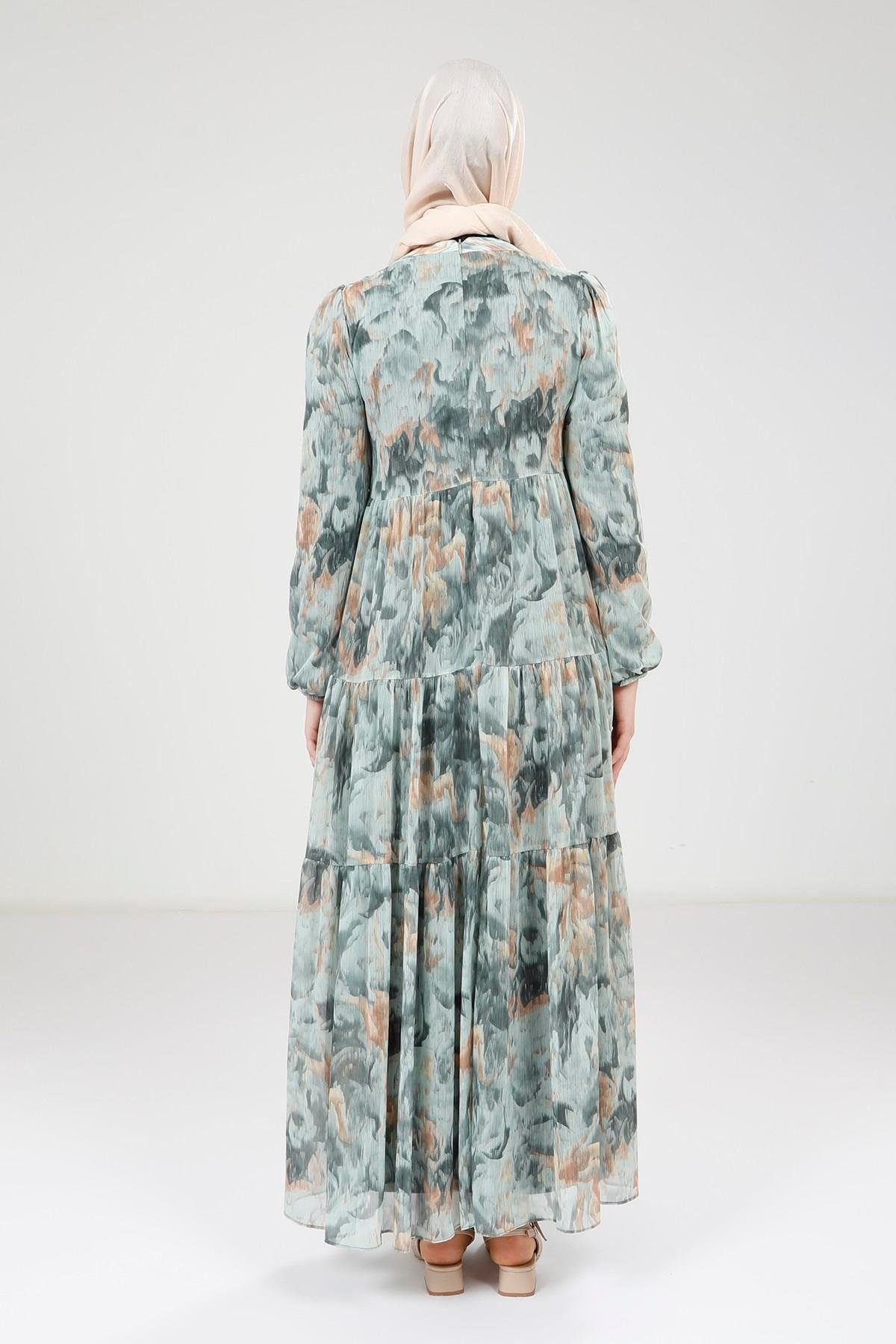 Beyza-Beyza Baskılı Düğmeli Yeşil Elbise 9390