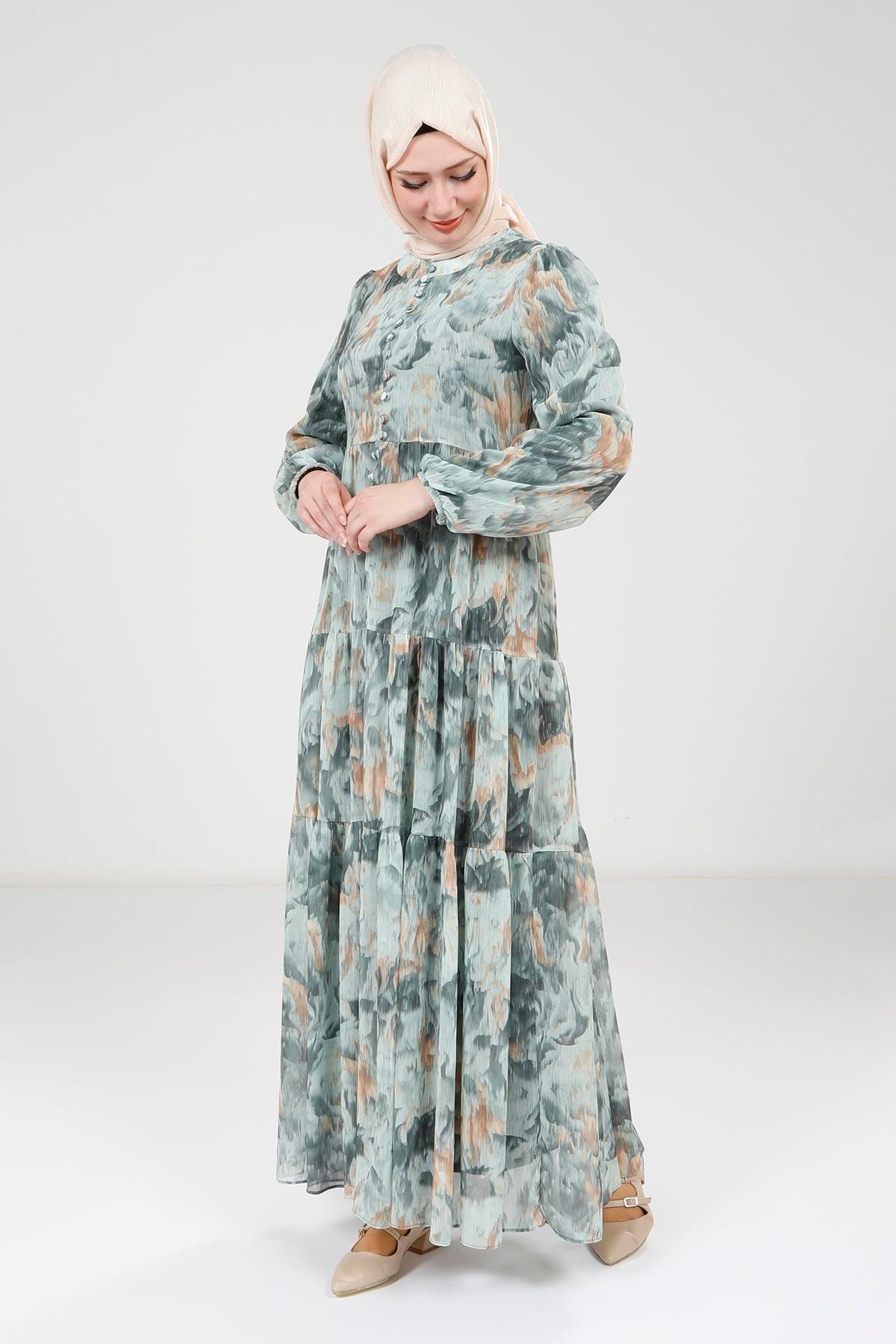 Beyza-Beyza Baskılı Düğmeli Yeşil Elbise 9390