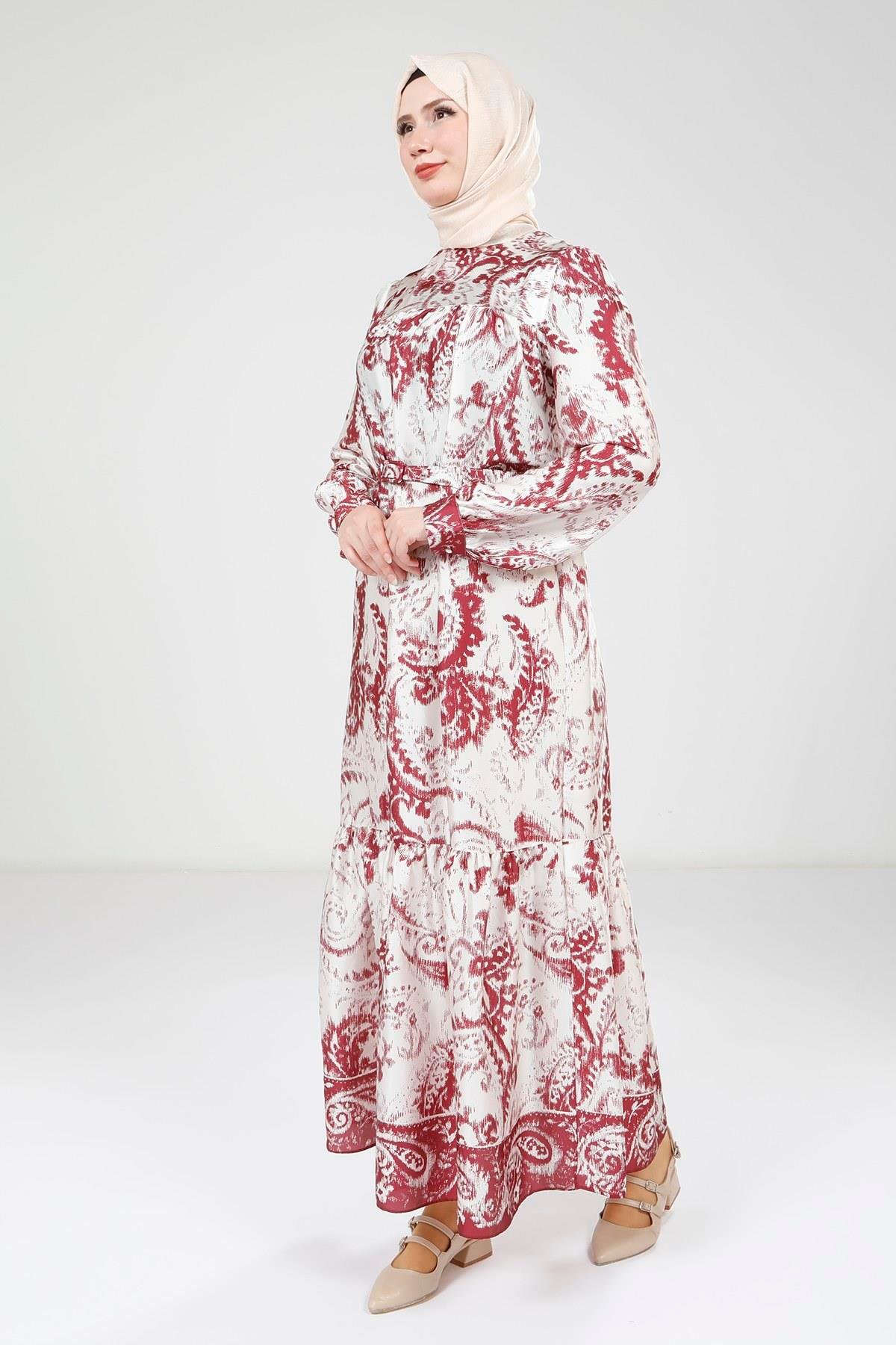 Beyza-Beyza Baskılı Kemerli Bordo Elbise 9387