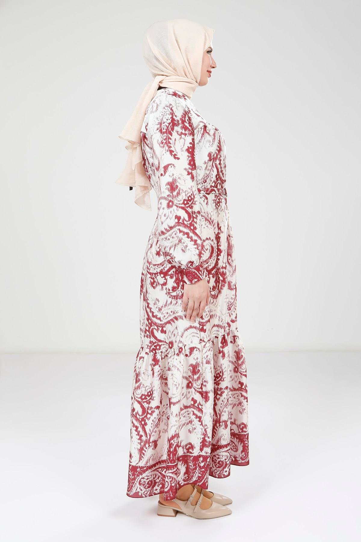 Beyza-Beyza Baskılı Kemerli Bordo Elbise 9387