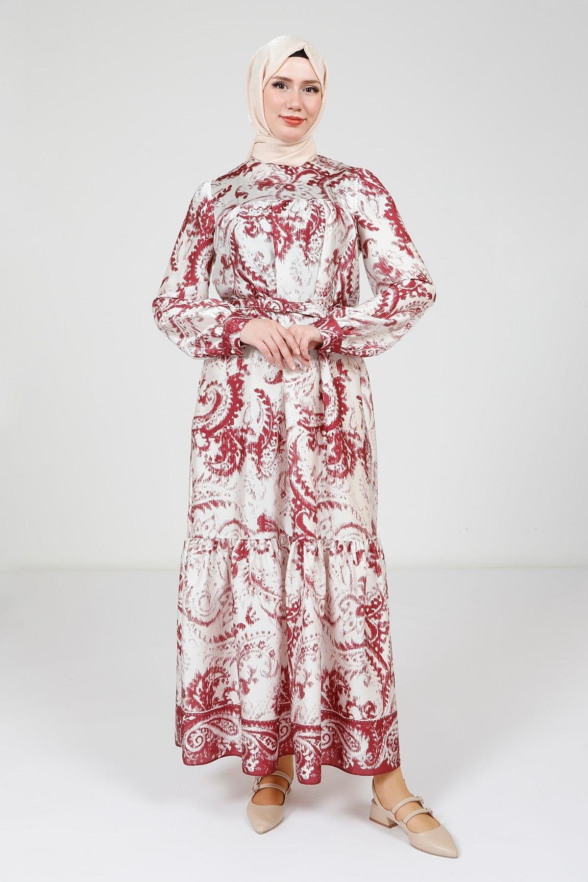 Beyza-Beyza Baskılı Kemerli Bordo Elbise 9387