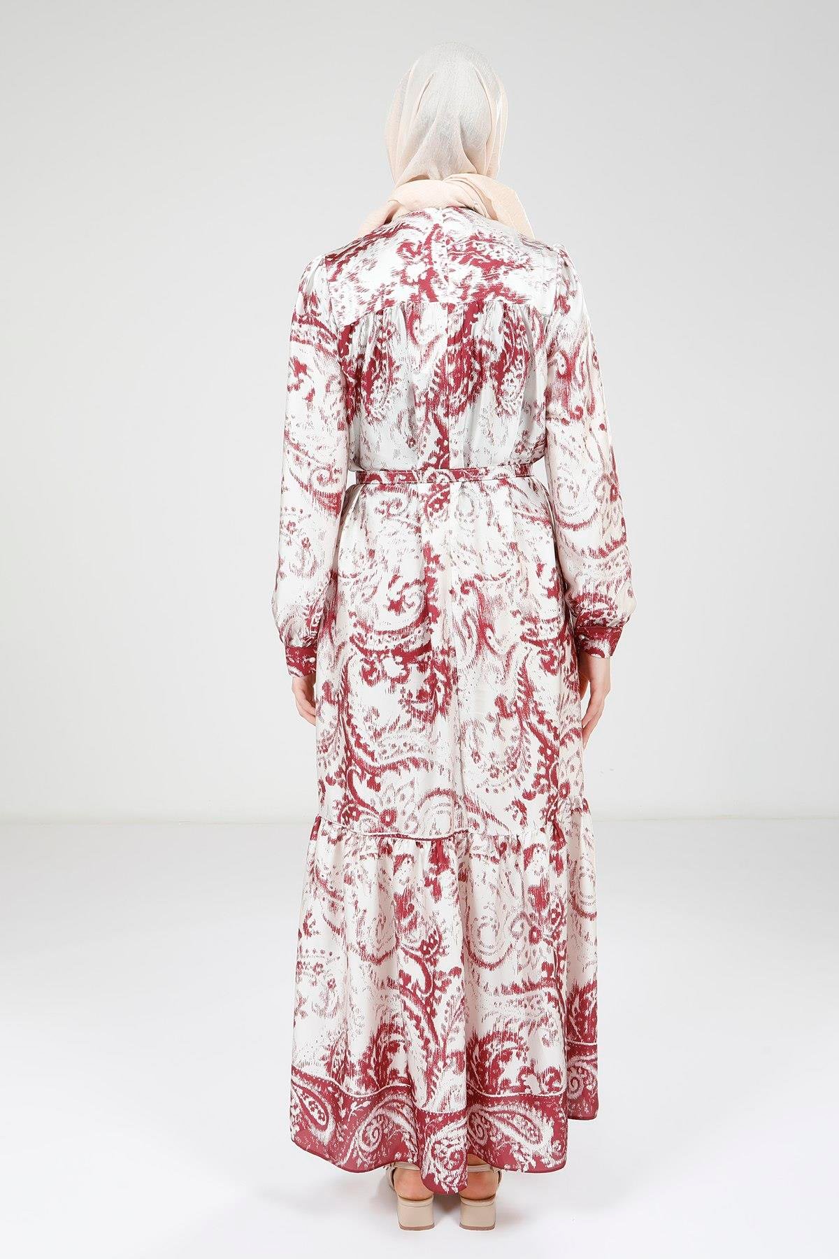 Beyza-Beyza Baskılı Kemerli Bordo Elbise 9387