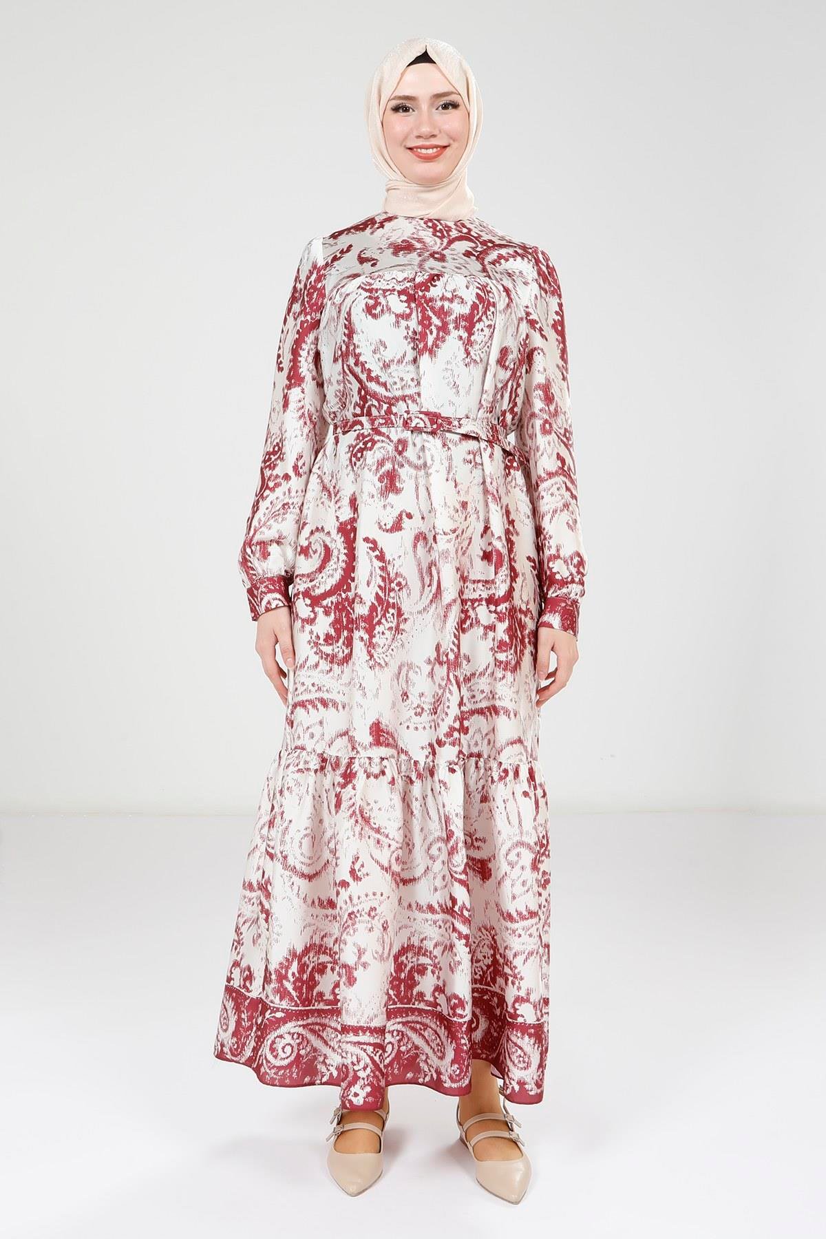 Beyza-Beyza Baskılı Kemerli Bordo Elbise 9387