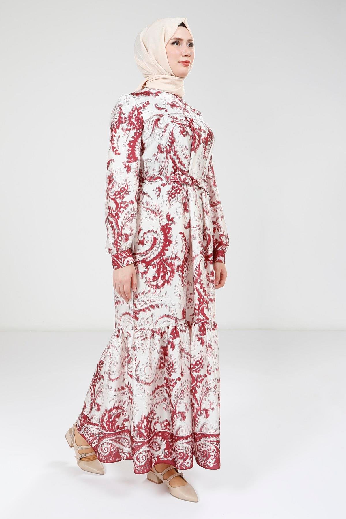 Beyza-Beyza Baskılı Kemerli Bordo Elbise 9387