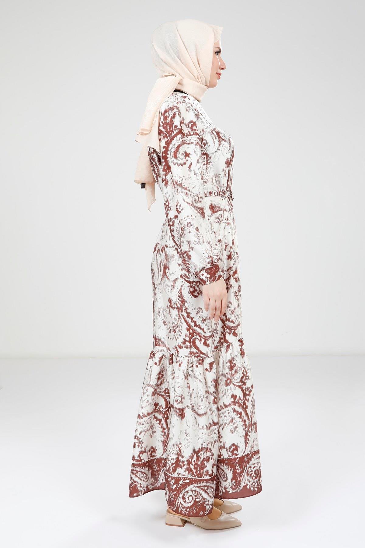 Beyza-Beyza Baskılı Kemerli Kahve Renk Elbise 9387