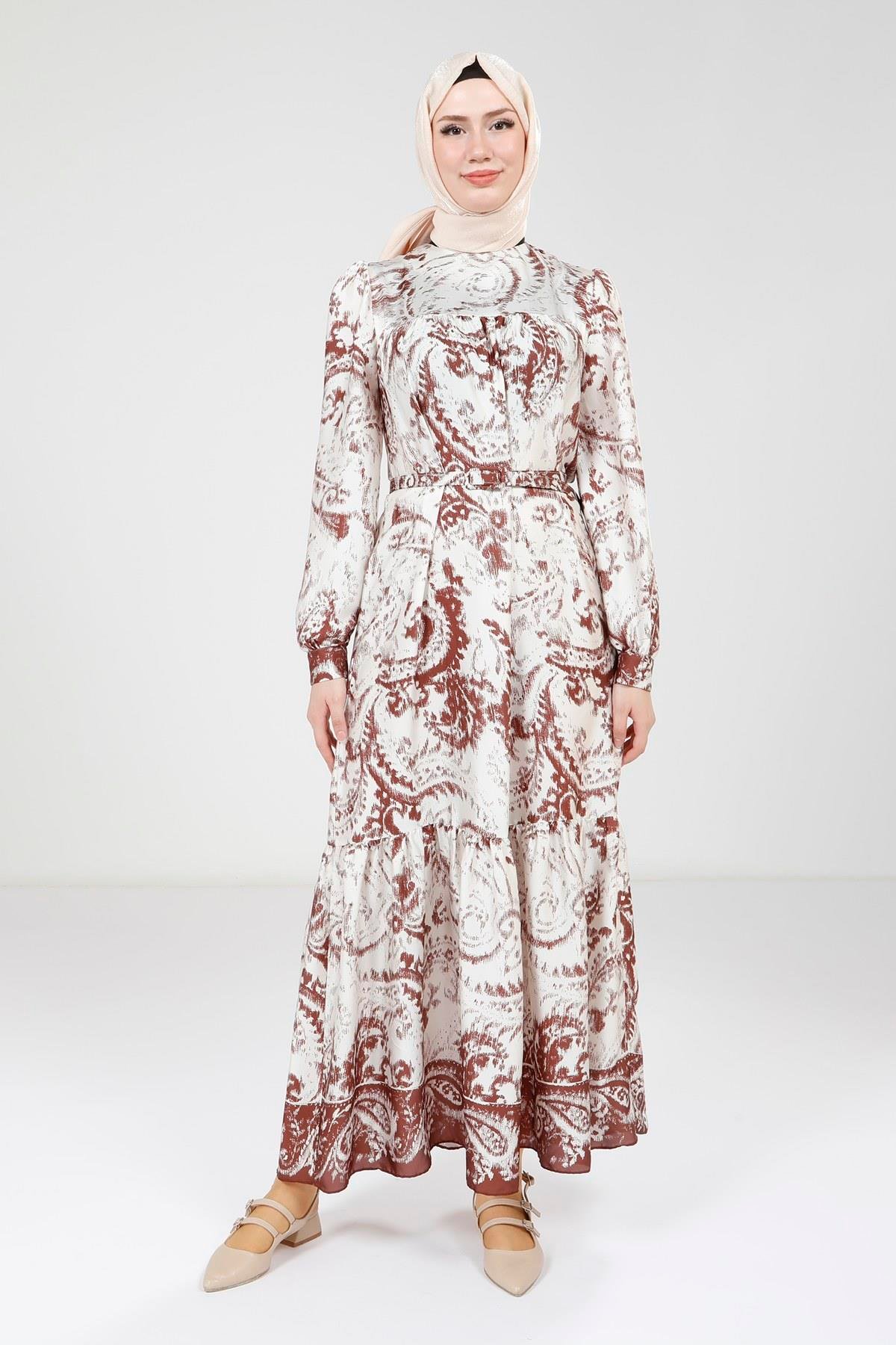 Beyza-Beyza Baskılı Kemerli Kahve Renk Elbise 9387