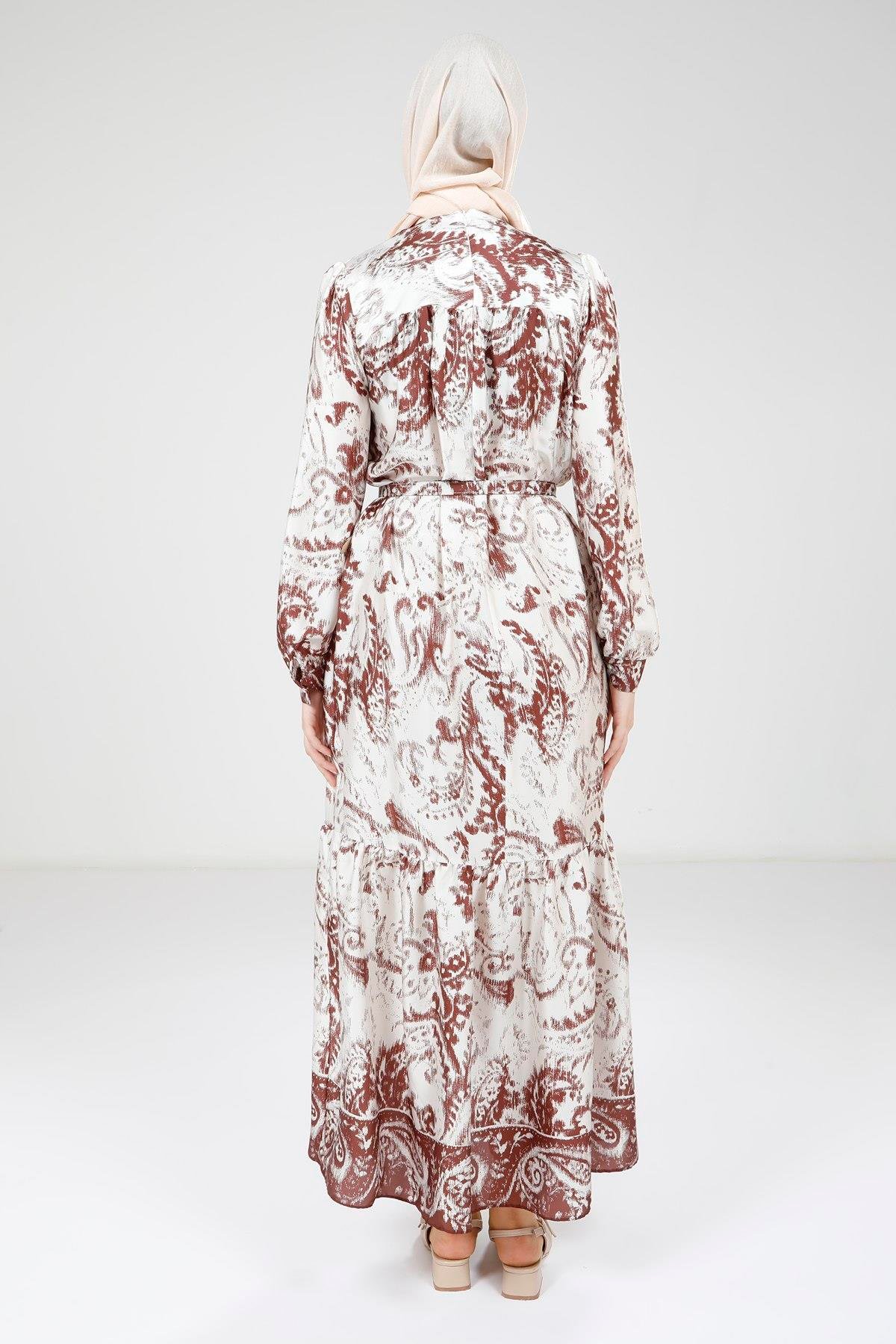 Beyza-Beyza Baskılı Kemerli Kahve Renk Elbise 9387