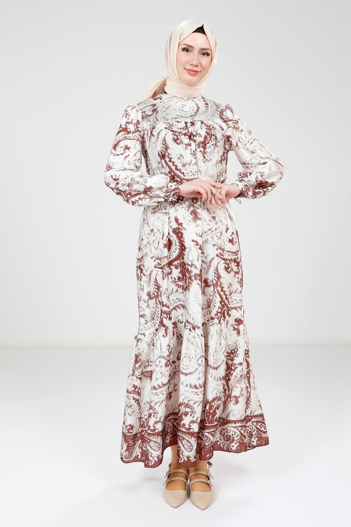 Beyza-Beyza Baskılı Kemerli Kahve Renk Elbise 9387