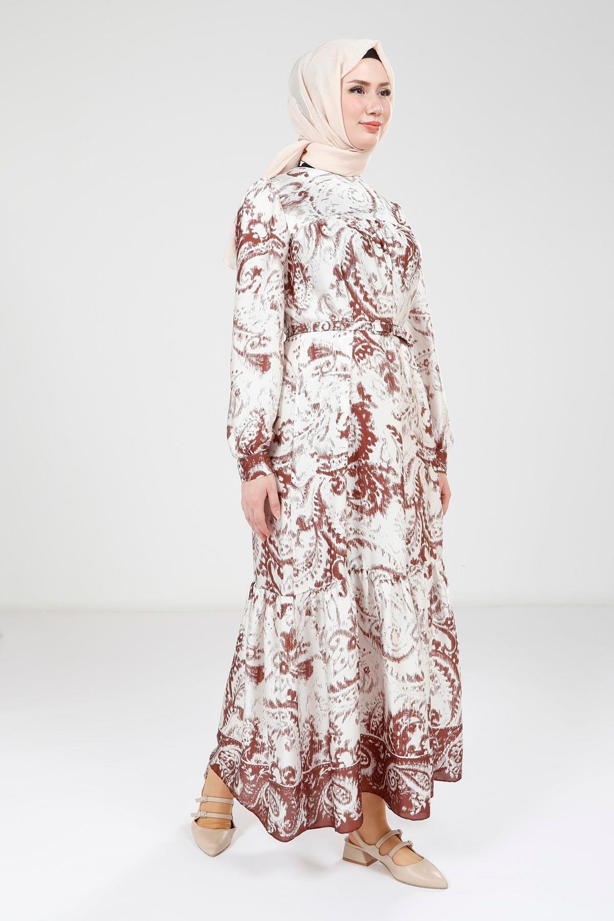 Beyza-Beyza Baskılı Kemerli Kahve Renk Elbise 9387