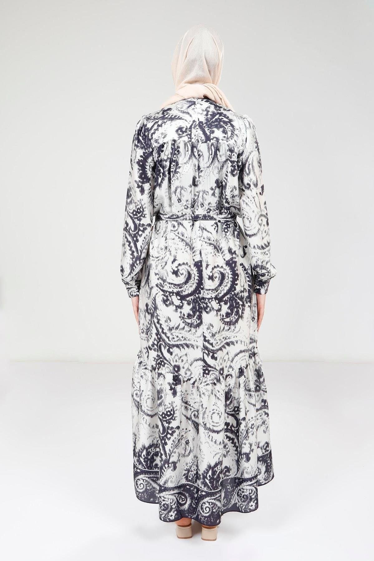 Beyza-Beyza Baskılı Kemerli Lacivert Elbise 9387