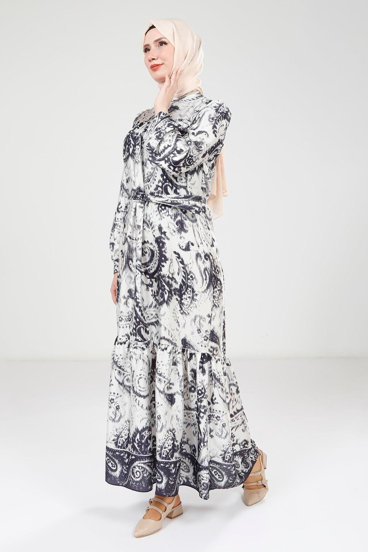 Beyza-Beyza Baskılı Kemerli Lacivert Elbise 9387