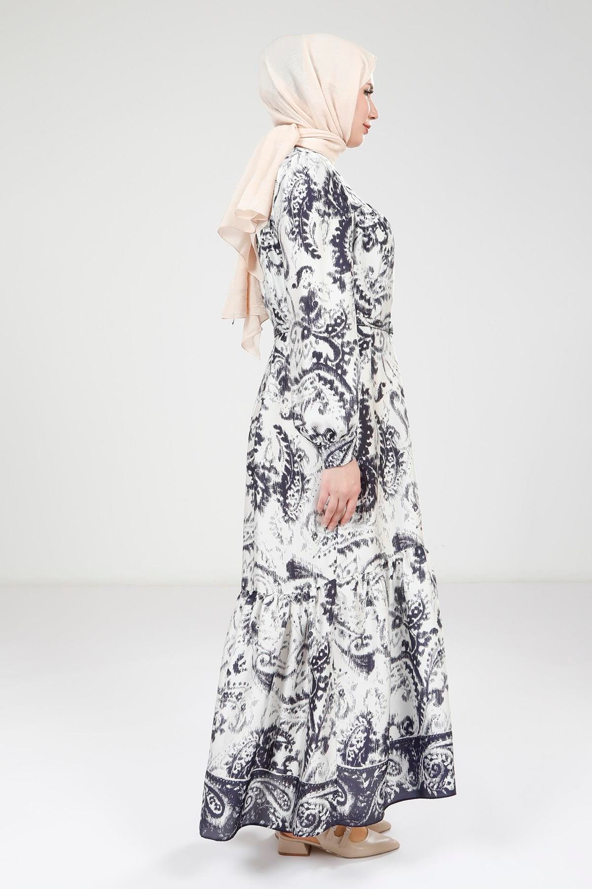 Beyza-Beyza Baskılı Kemerli Lacivert Elbise 9387