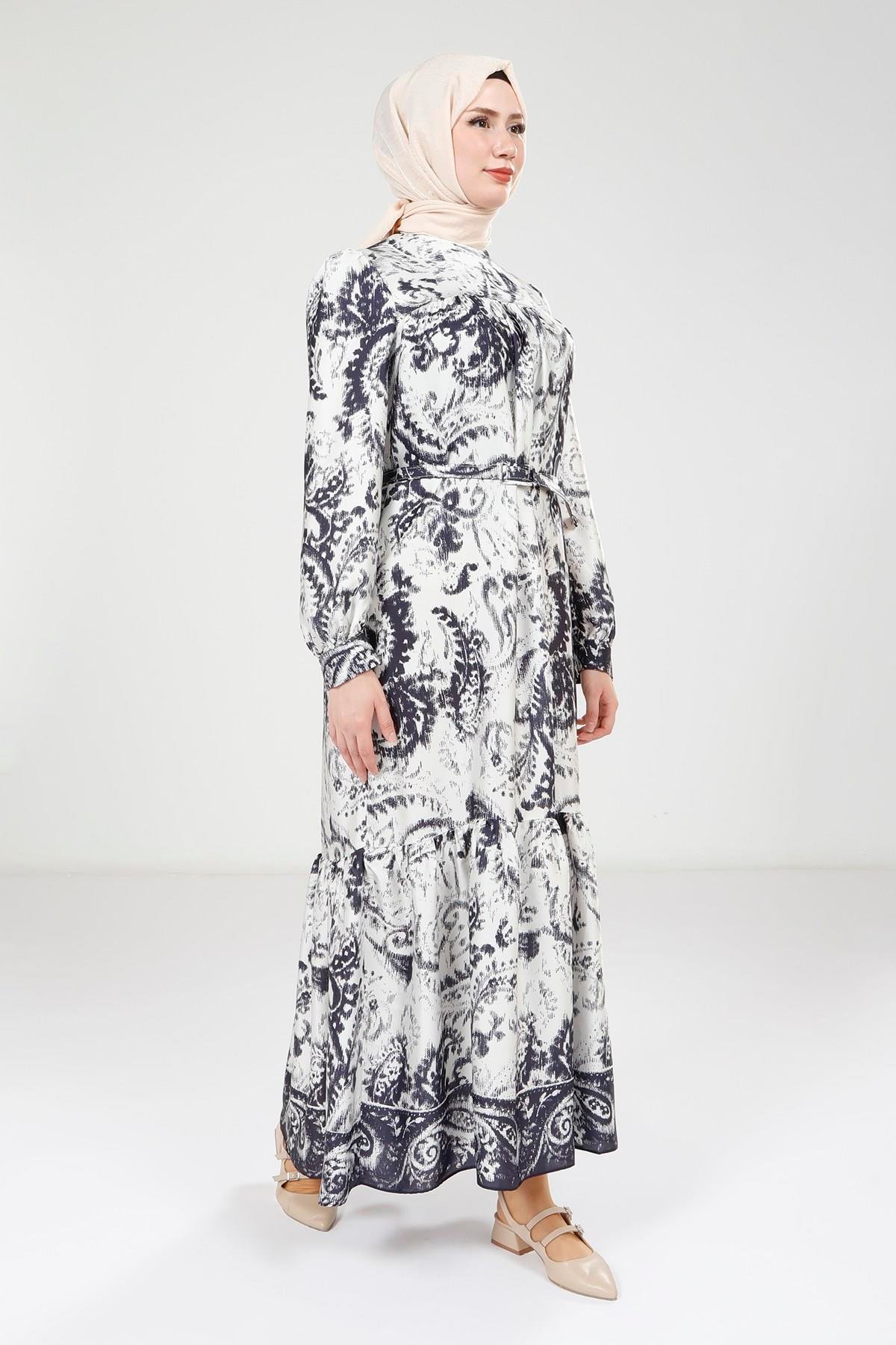 Beyza-Beyza Baskılı Kemerli Lacivert Elbise 9387