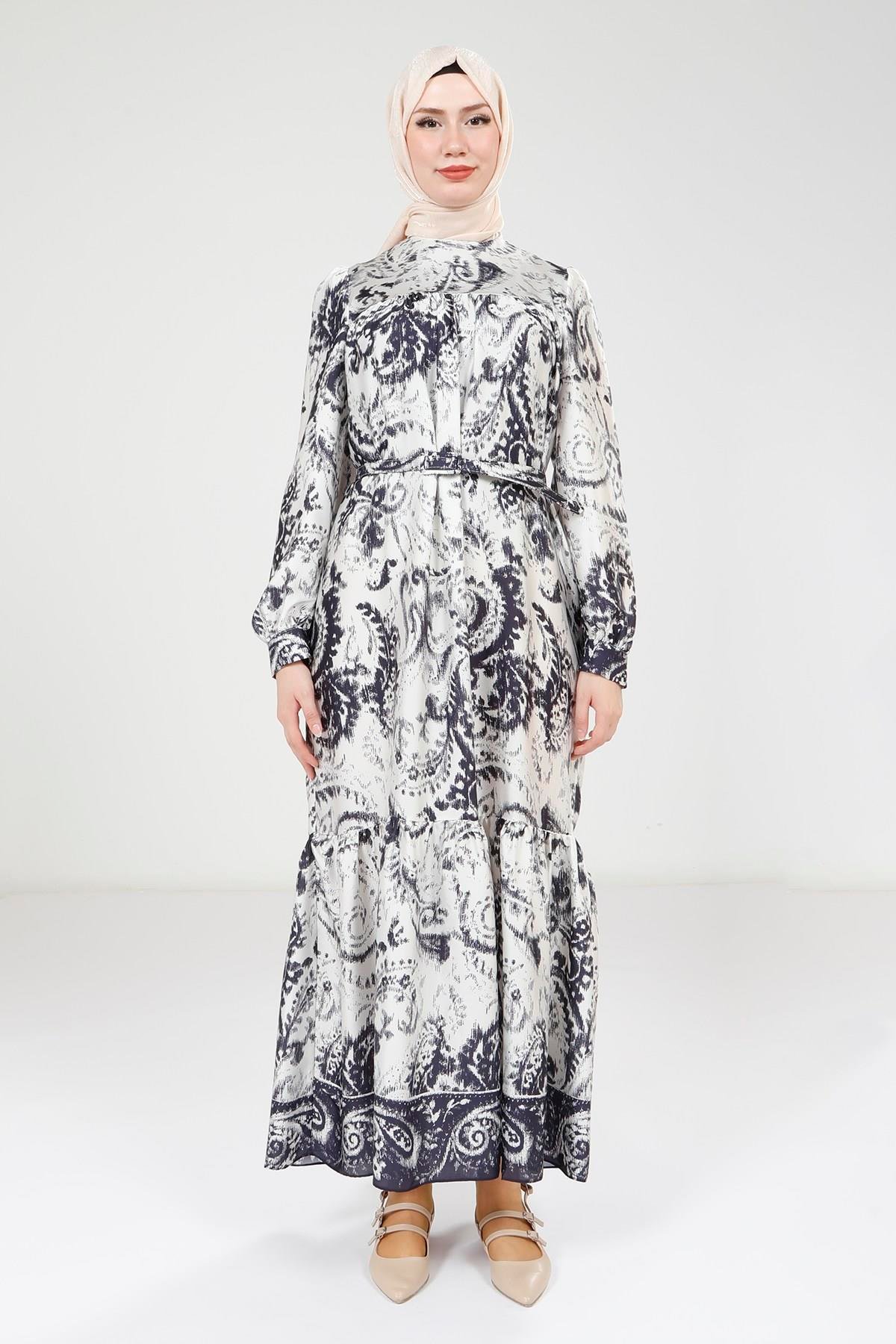 Beyza-Beyza Baskılı Kemerli Lacivert Elbise 9387